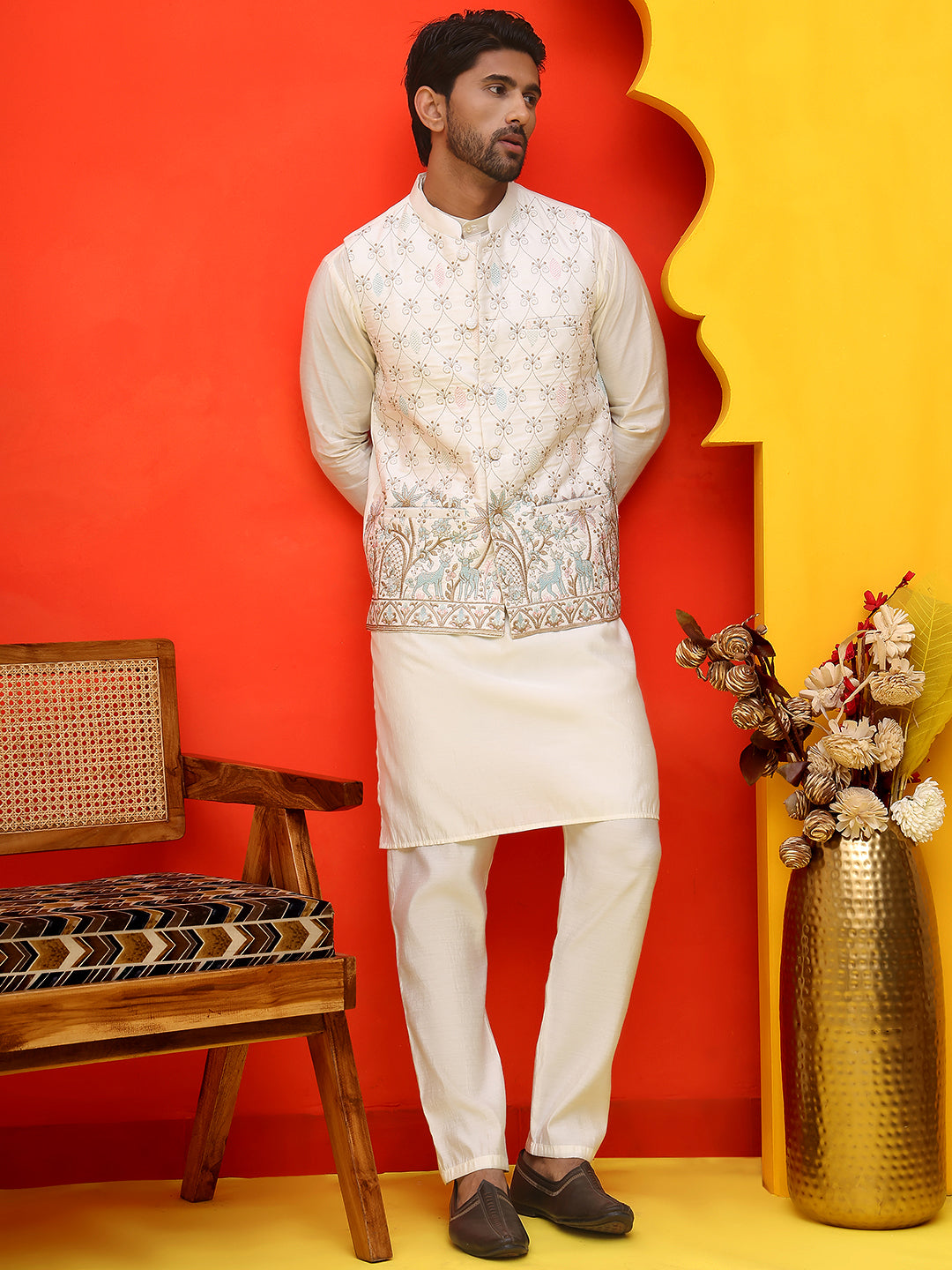 Embroidered Nehru Jacket With Solid Kurta Pyjama ( JOKPWC 592W 4124 White )