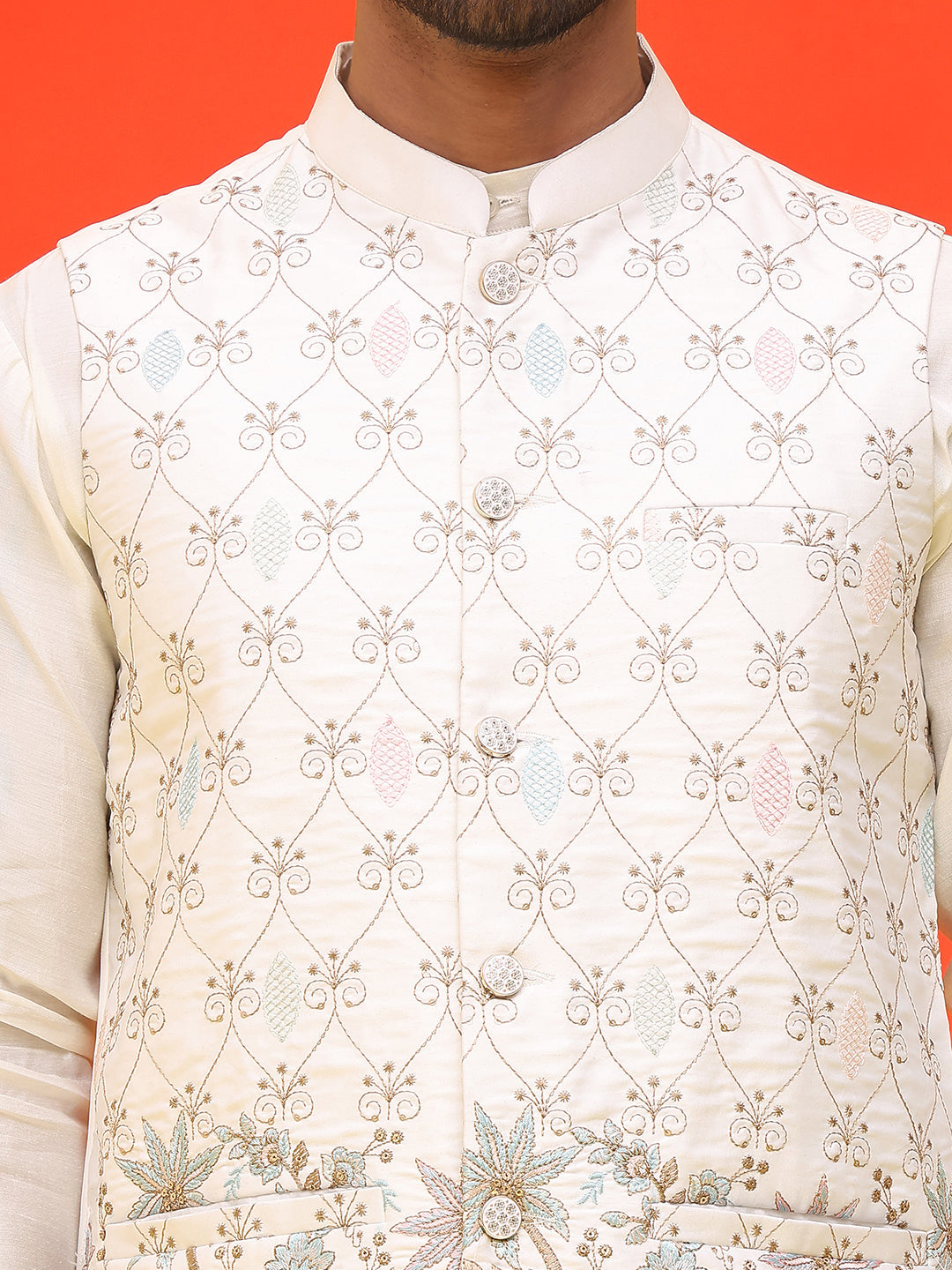 Embroidered Nehru Jacket With Solid Kurta Pyjama ( JOKPWC 592W 4124 White )