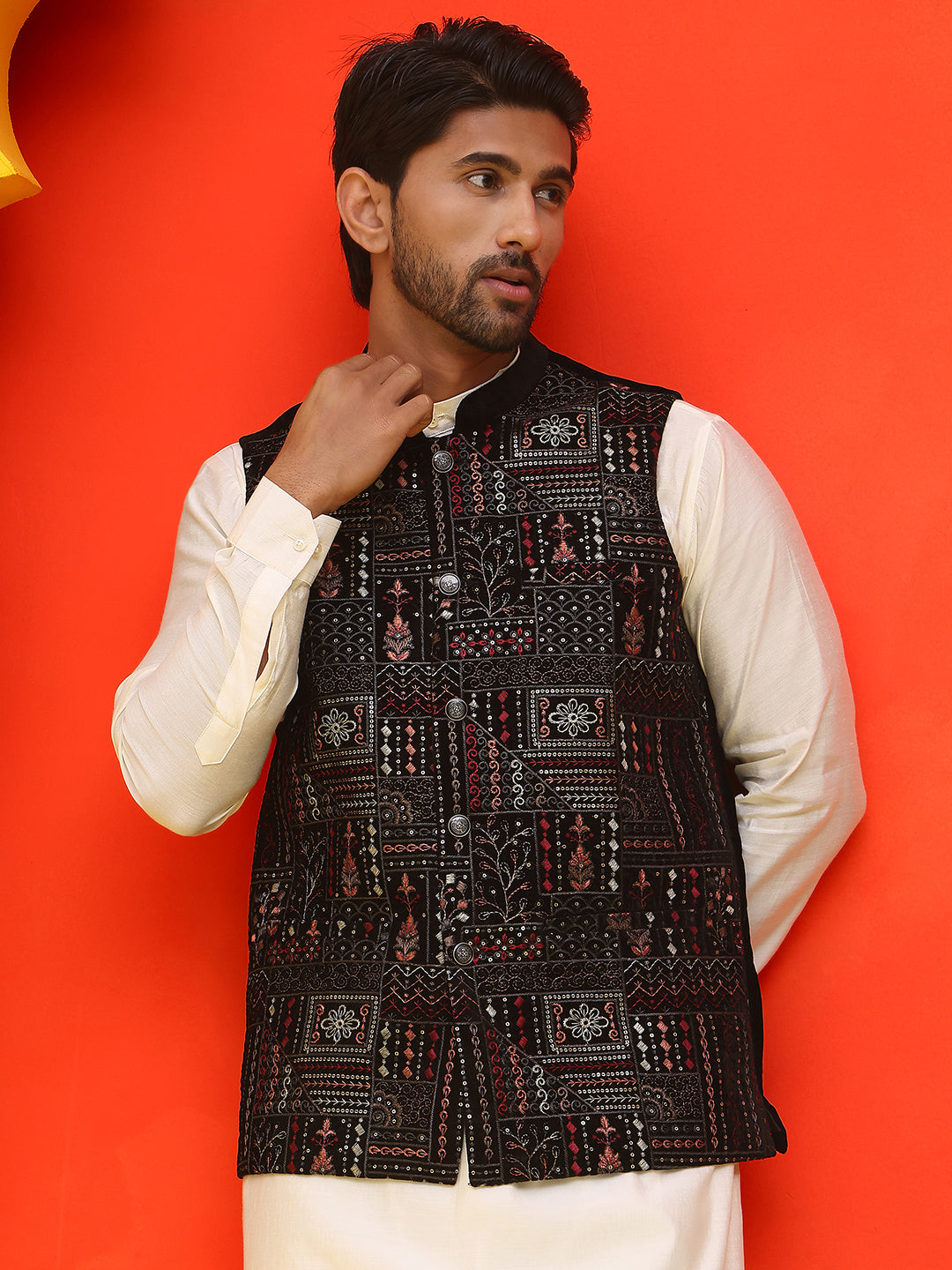 Embroidered Velvet Nehru Jacket With Solid Kurta Pyjama ( JOKPWC 592W 4125 Black )