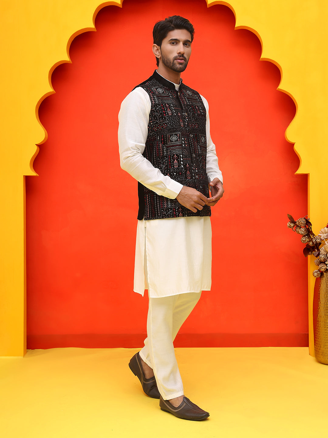Embroidered Velvet Nehru Jacket With Solid Kurta Pyjama ( JOKPWC 592W 4125 Black )