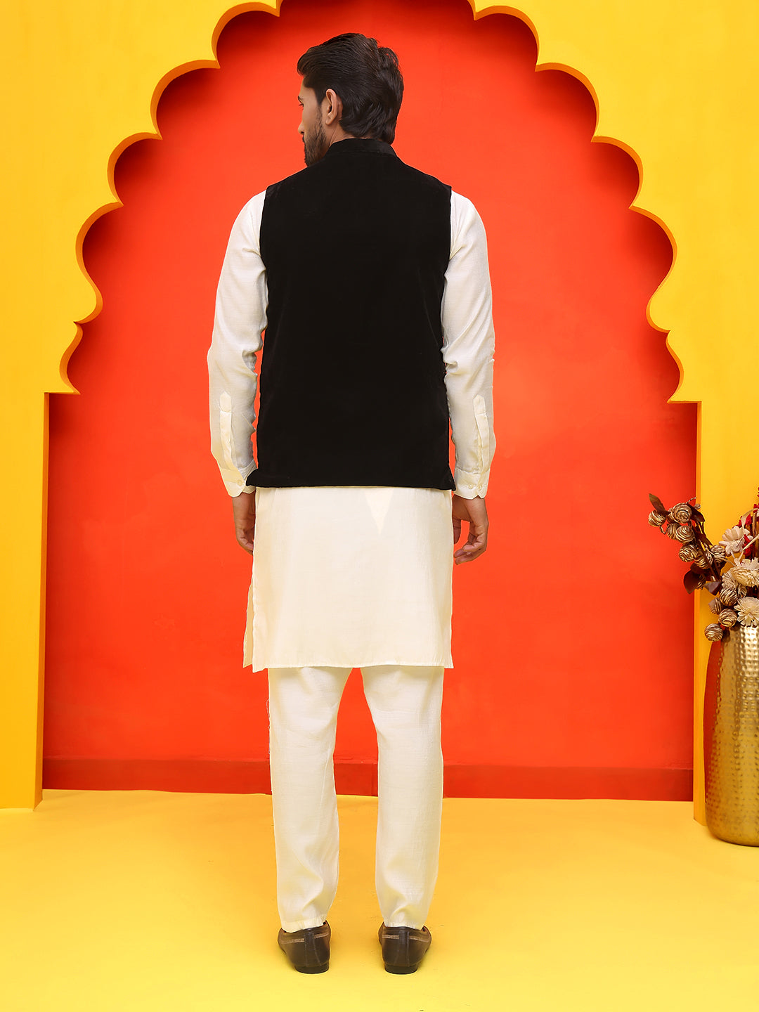 Embroidered Velvet Nehru Jacket With Solid Kurta Pyjama ( JOKPWC 592W 4125 Black )