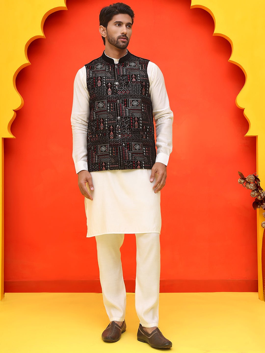 Embroidered Velvet Nehru Jacket With Solid Kurta Pyjama ( JOKPWC 592W 4125 Black )