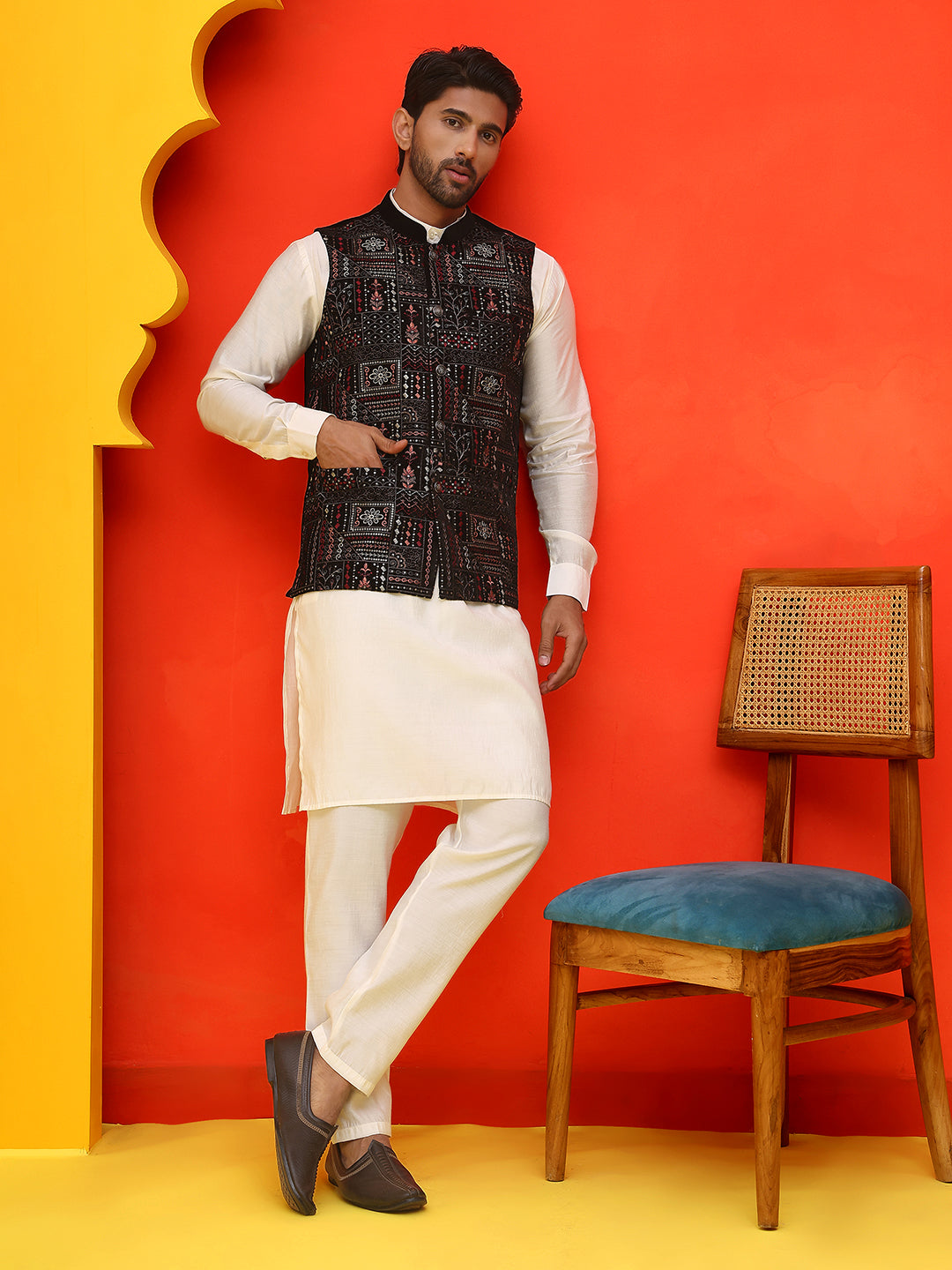 Embroidered Velvet Nehru Jacket With Solid Kurta Pyjama ( JOKPWC 592W 4125 Black )