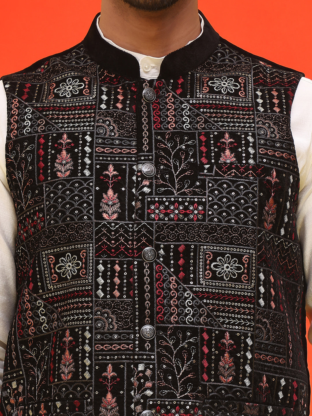 Embroidered Velvet Nehru Jacket With Solid Kurta Pyjama ( JOKPWC 592W 4125 Black )
