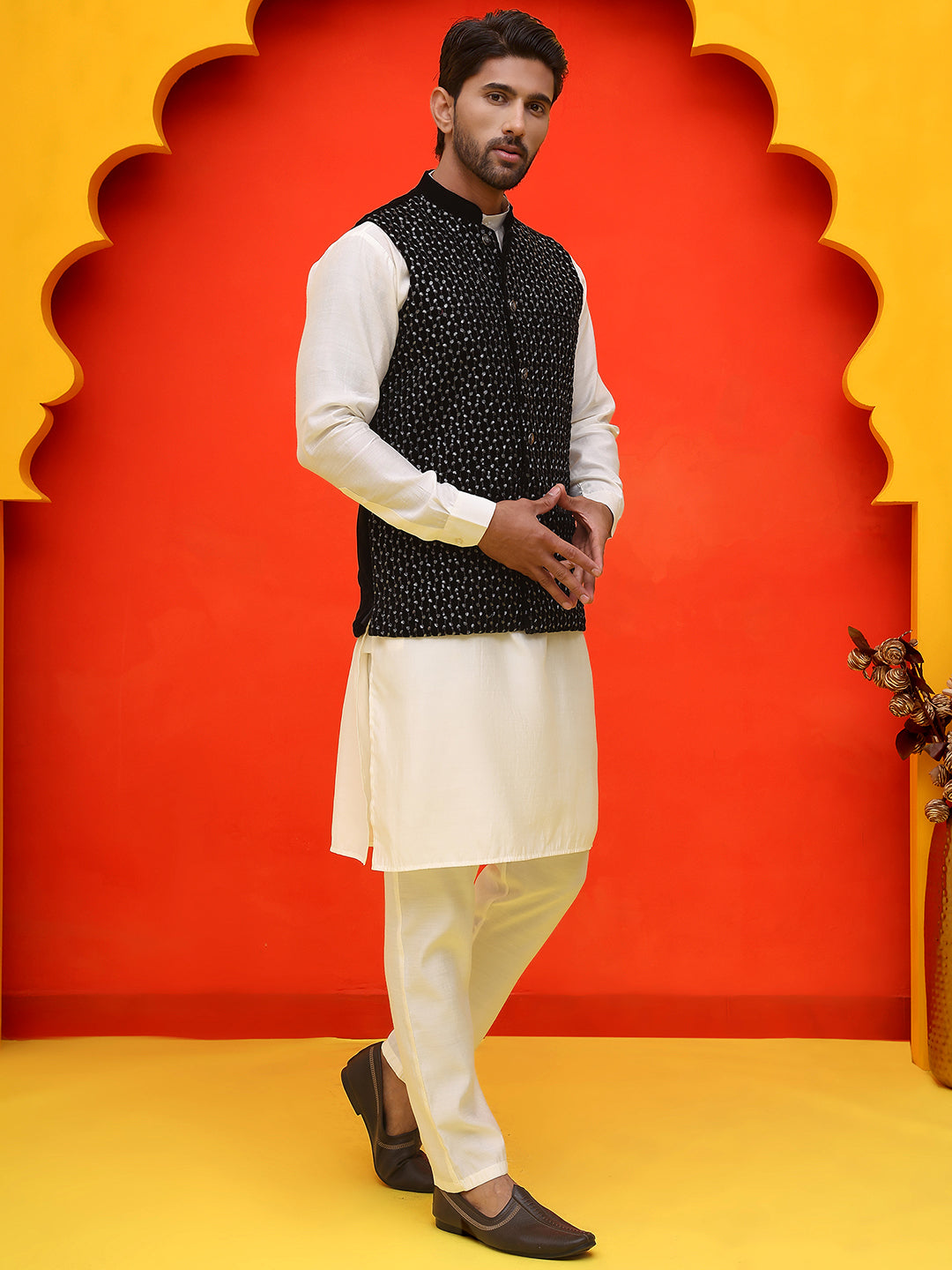Embroidered Velvet Nehru Jacket With Solid Kurta Pyjama ( JOKPWC 592W 4126 Black )