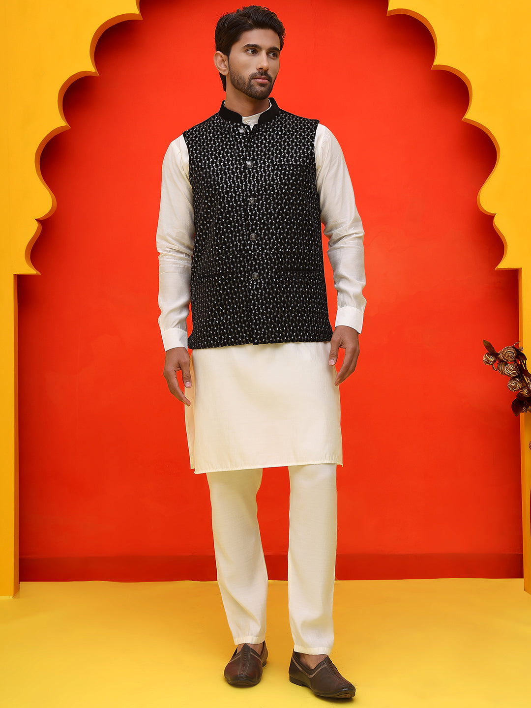 Embroidered Velvet Nehru Jacket With Solid Kurta Pyjama ( JOKPWC 592W 4126 Black )