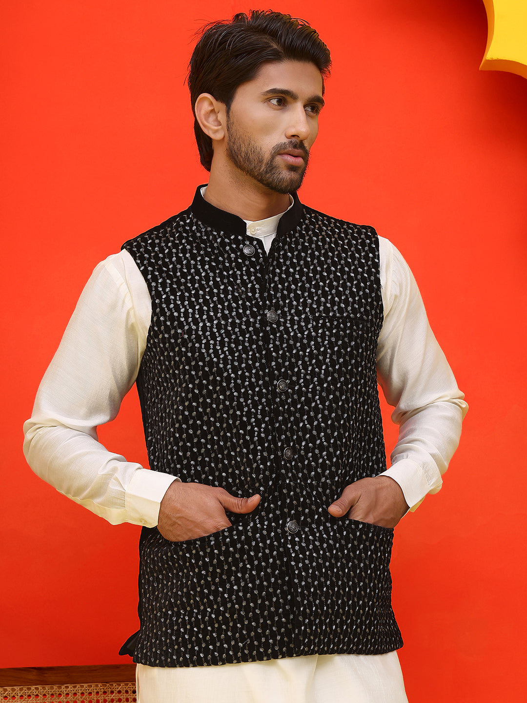 Embroidered Velvet Nehru Jacket With Solid Kurta Pyjama ( JOKPWC 592W 4126 Black )