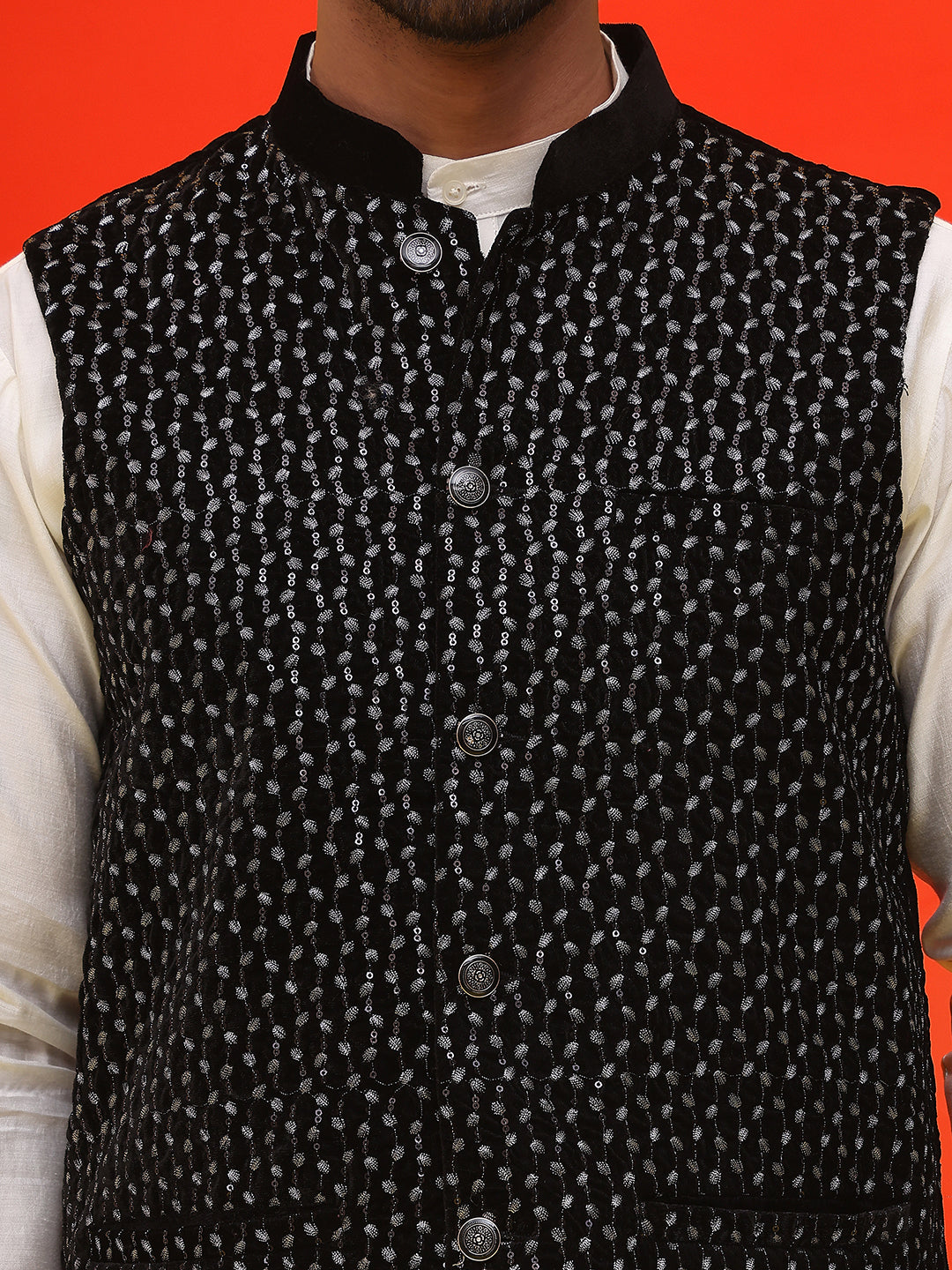Embroidered Velvet Nehru Jacket With Solid Kurta Pyjama ( JOKPWC 592W 4126 Black )