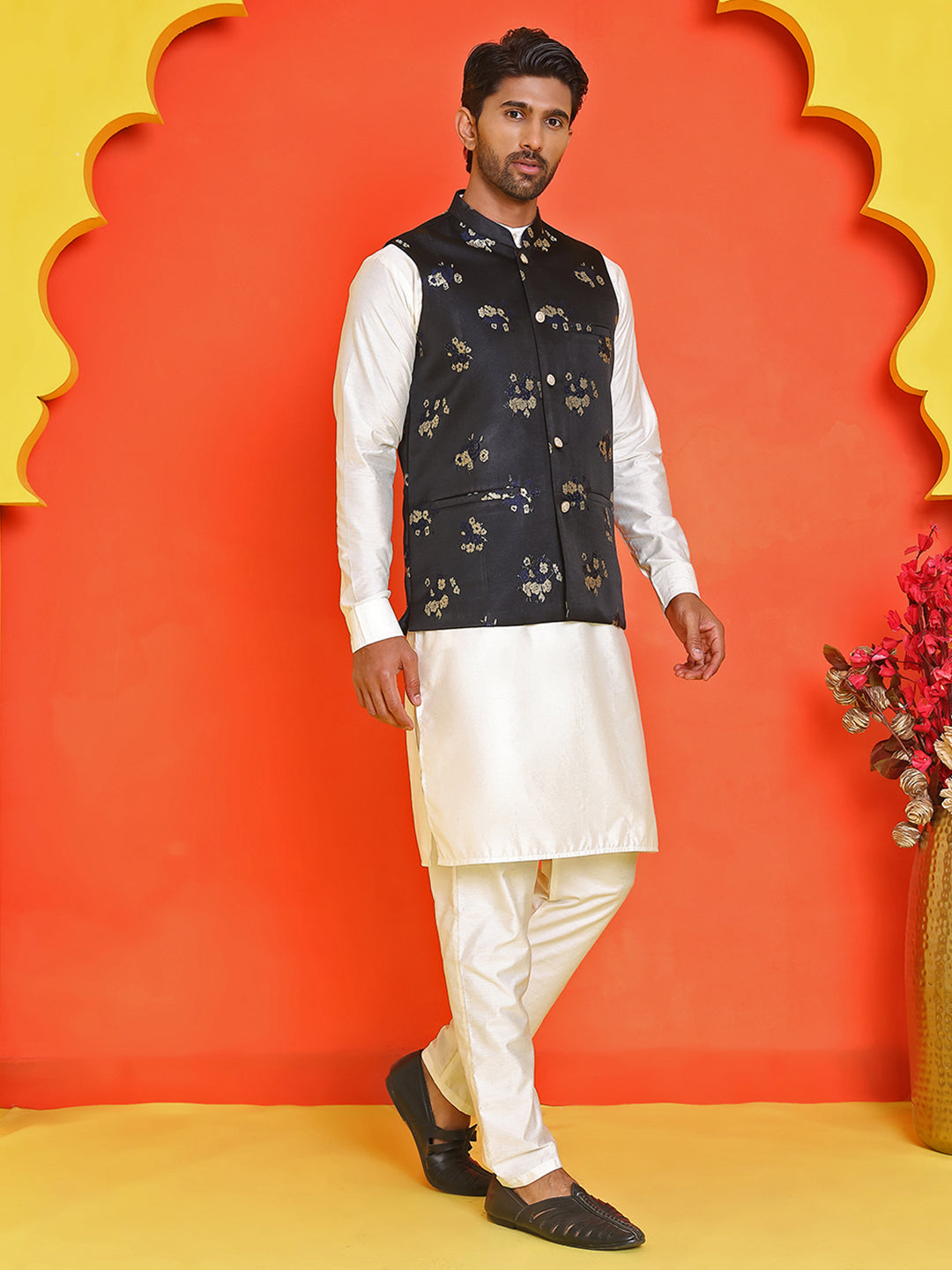 Embossed Nehru Jacket With Solid Kurta Pyjama ( JOKPWC 592W 4130 Black )