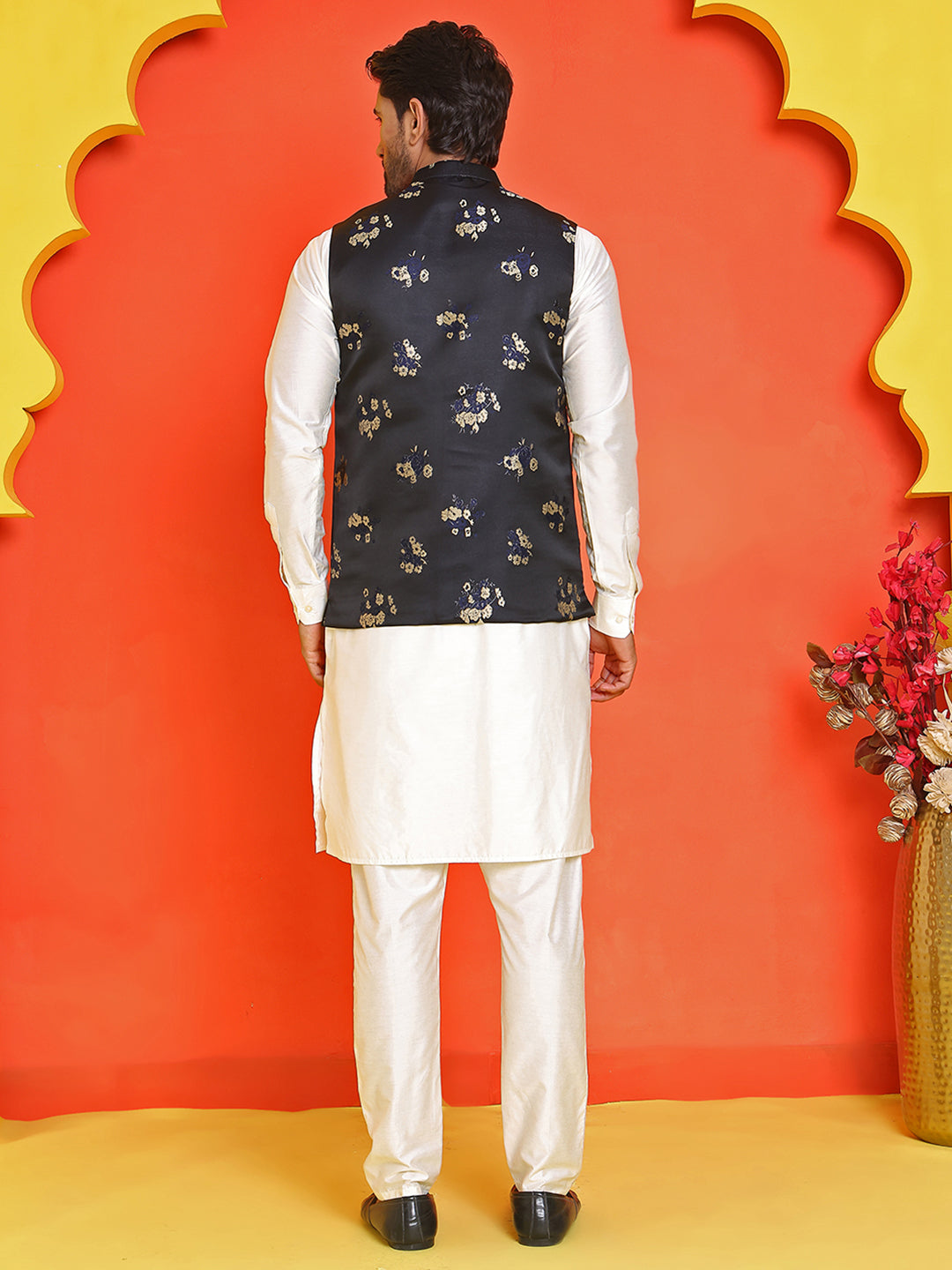 Embossed Nehru Jacket With Solid Kurta Pyjama ( JOKPWC 592W 4130 Black )