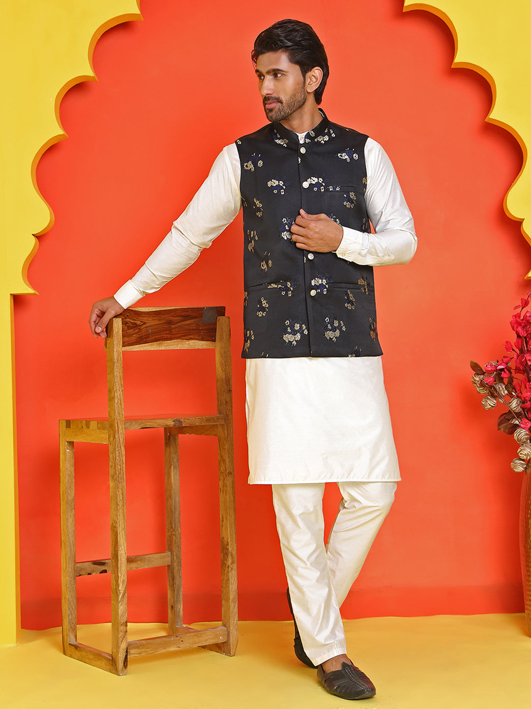 Embossed Nehru Jacket With Solid Kurta Pyjama ( JOKPWC 592W 4130 Black )