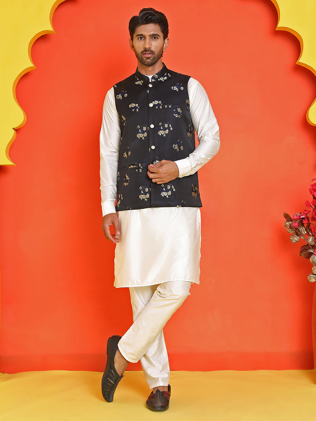 Embossed Nehru Jacket With Solid Kurta Pyjama ( JOKPWC 592W 4130 Black )