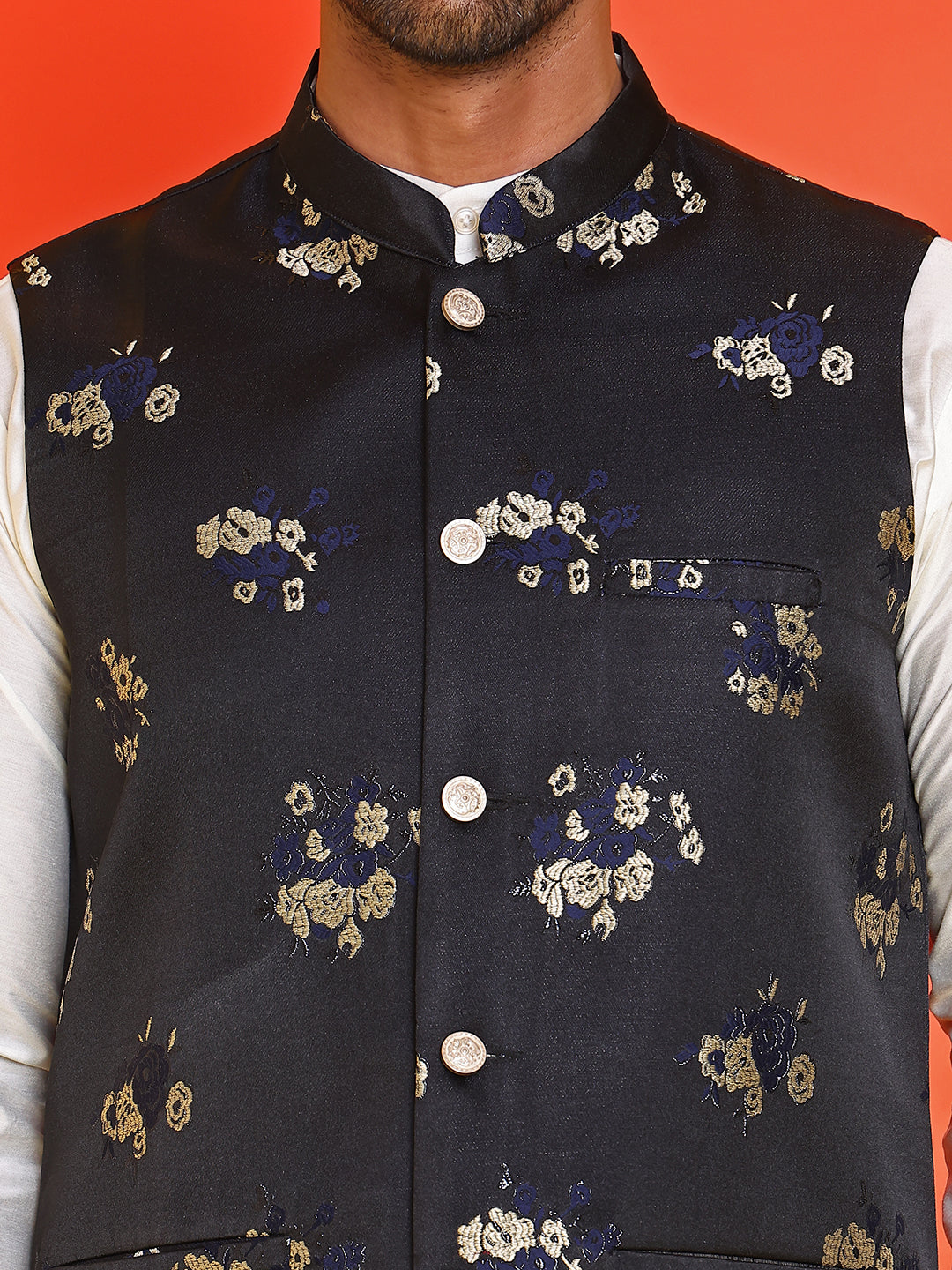 Embossed Nehru Jacket With Solid Kurta Pyjama ( JOKPWC 592W 4130 Black )
