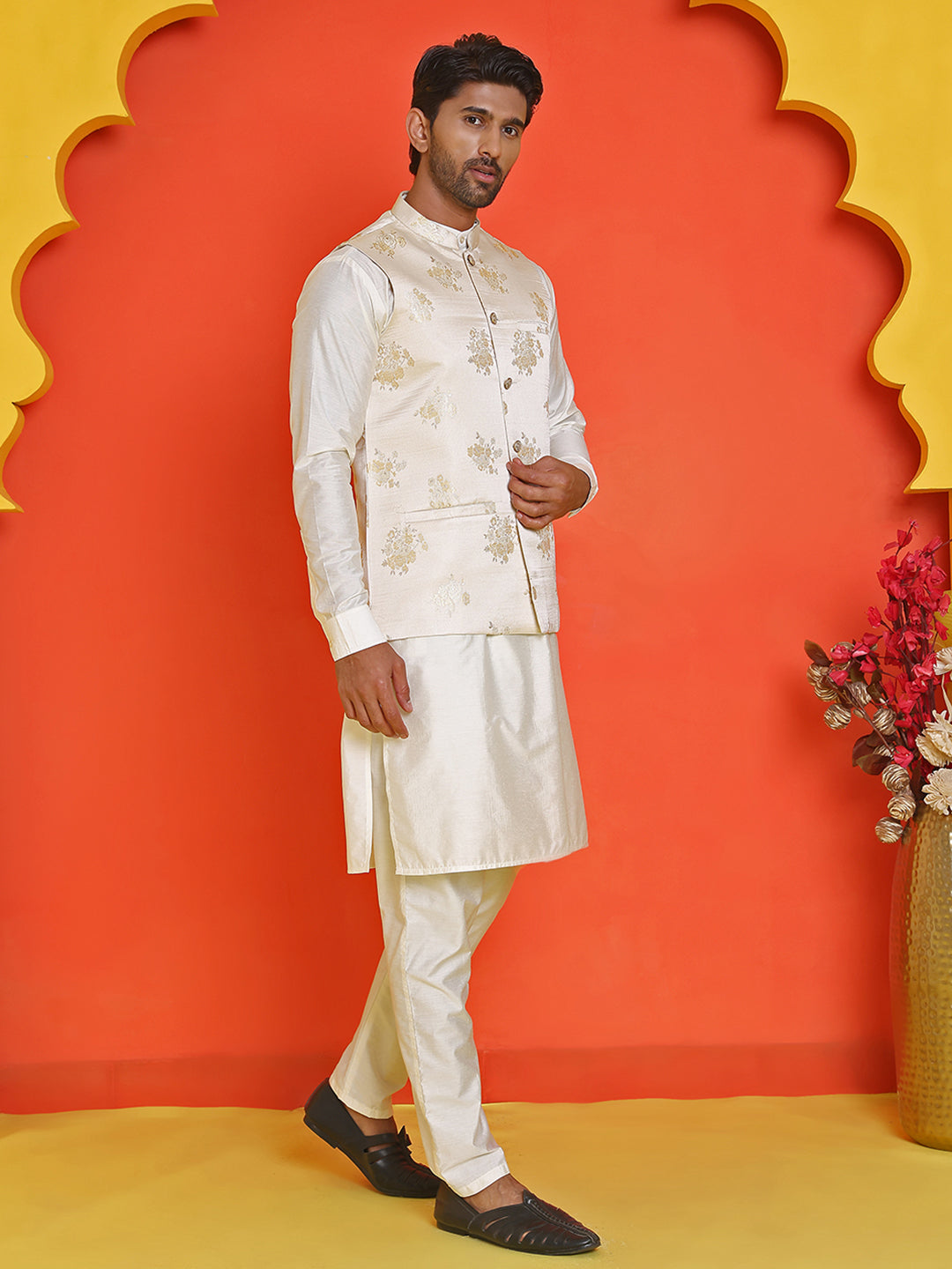 Embossed Nehru Jacket With Solid Kurta Pyjama ( JOKPWC 592W 4130 Cream )