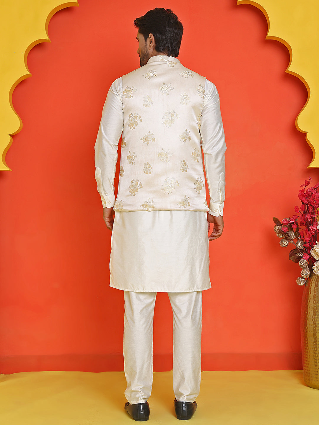 Embossed Nehru Jacket With Solid Kurta Pyjama ( JOKPWC 592W 4130 Cream )