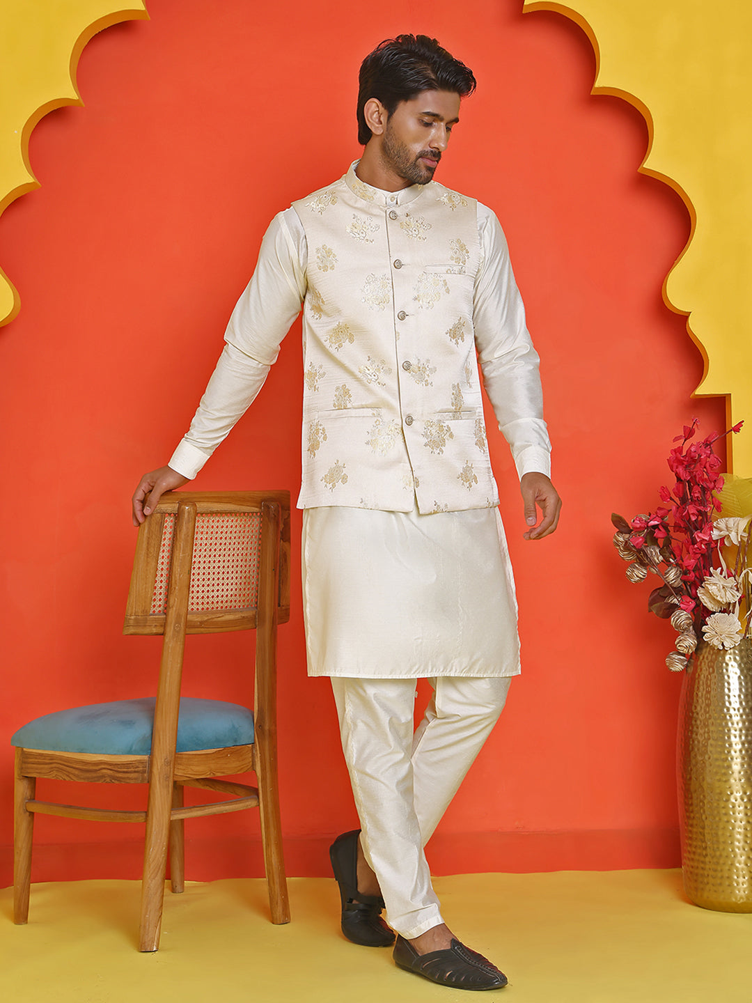 Embossed Nehru Jacket With Solid Kurta Pyjama ( JOKPWC 592W 4130 Cream )