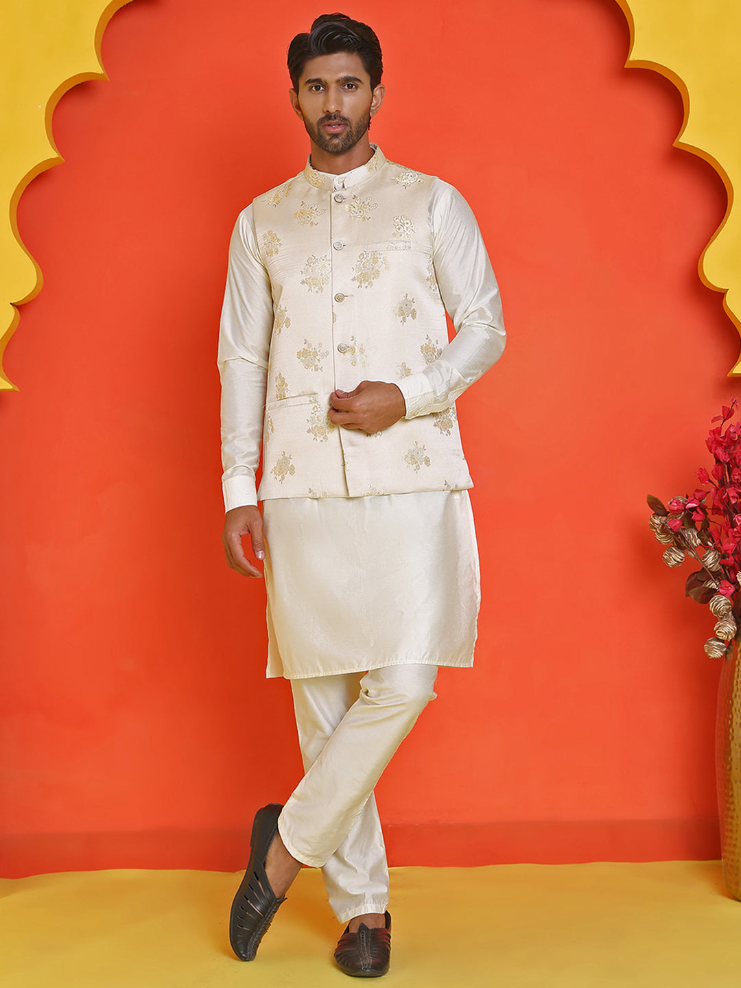 Embossed Nehru Jacket With Solid Kurta Pyjama ( JOKPWC 592W 4130 Cream )