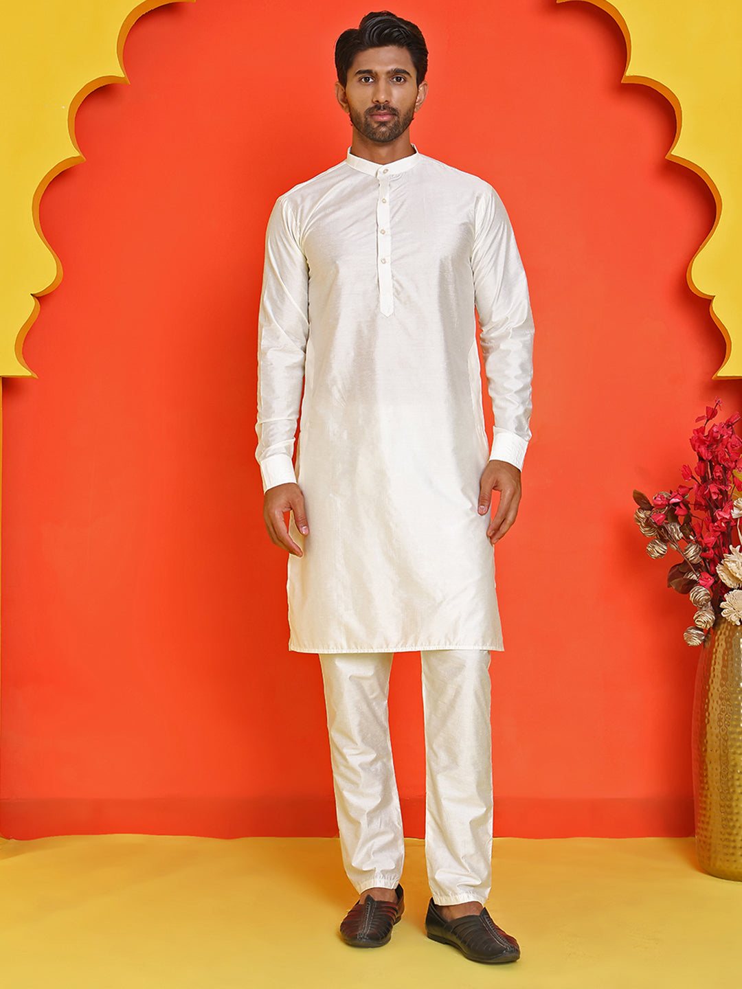 Embossed Nehru Jacket With Solid Kurta Pyjama ( JOKPWC 592W 4130 Cream )