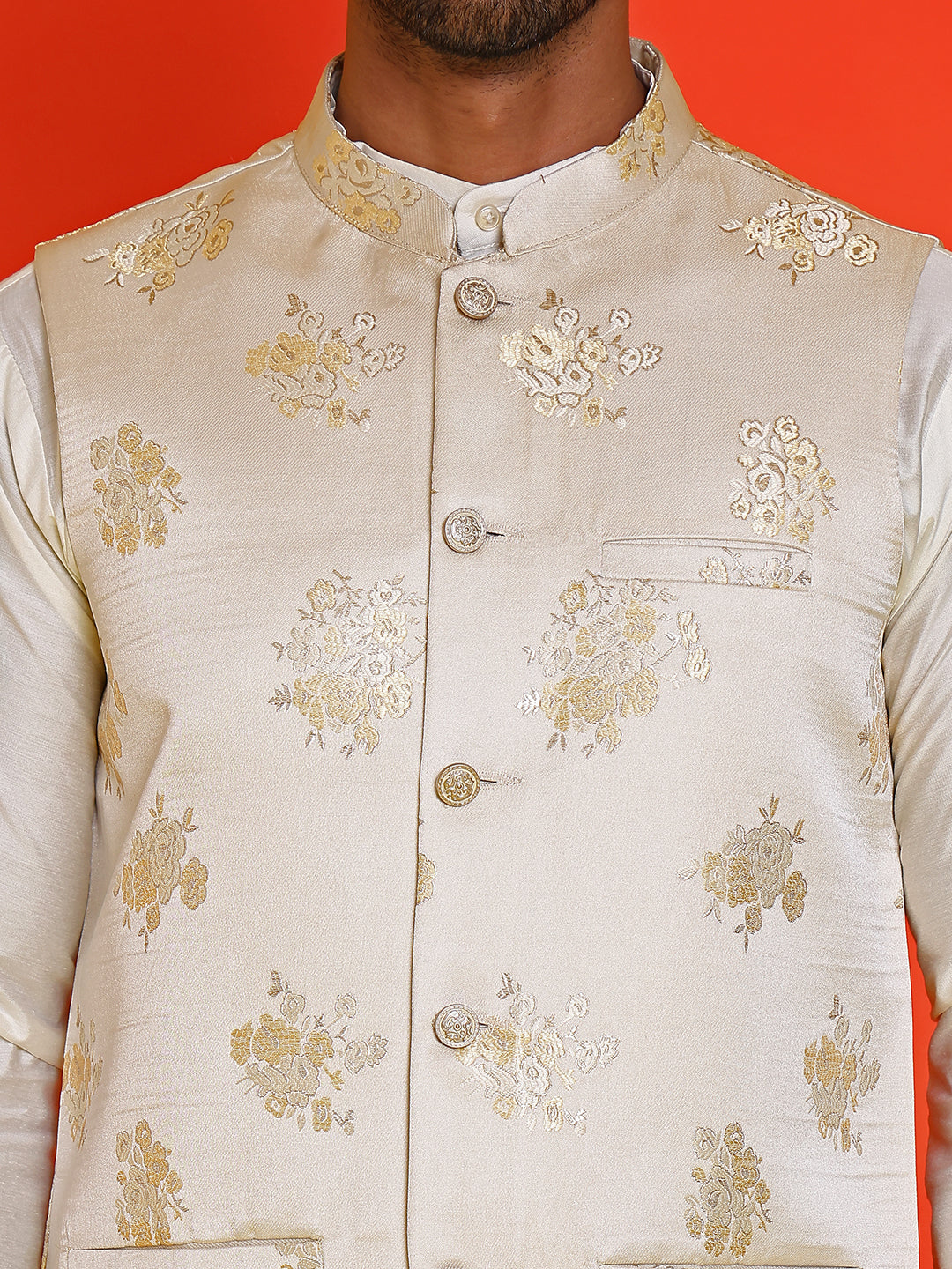 Embossed Nehru Jacket With Solid Kurta Pyjama ( JOKPWC 592W 4130 Cream )