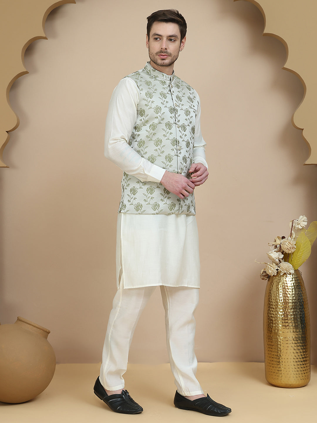 Embossed Nehru Jacket with Solid Kurta Set for Men ( JOKPWC 592W 4133 Pista )