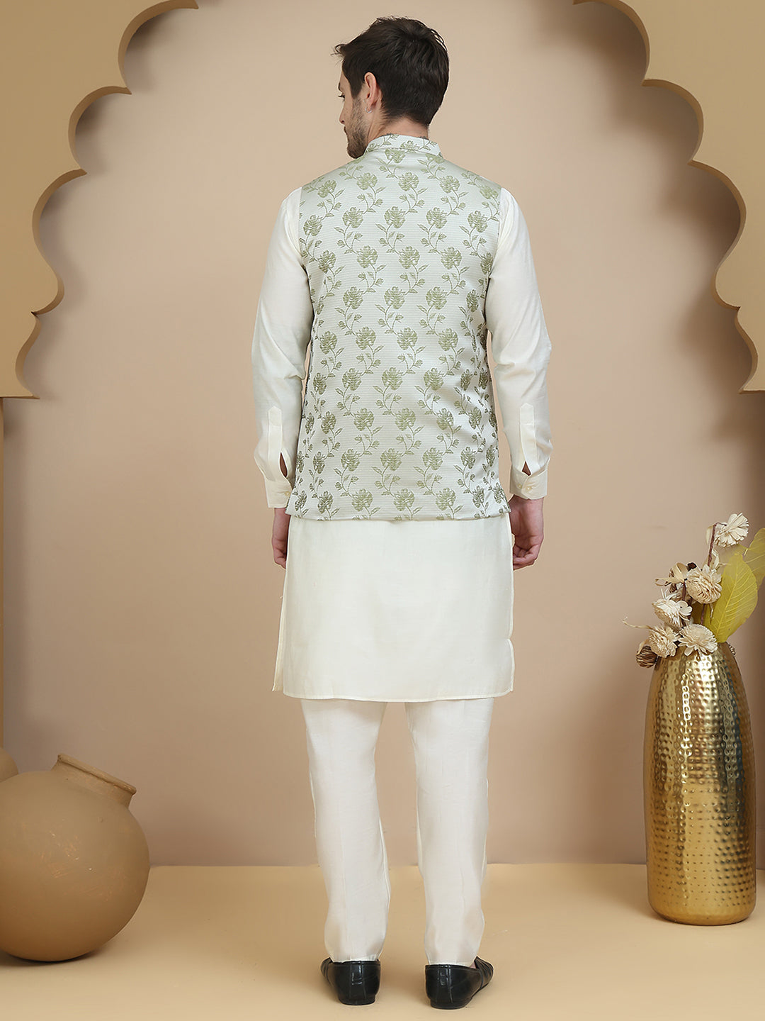 Embossed Nehru Jacket with Solid Kurta Set for Men ( JOKPWC 592W 4133 Pista )