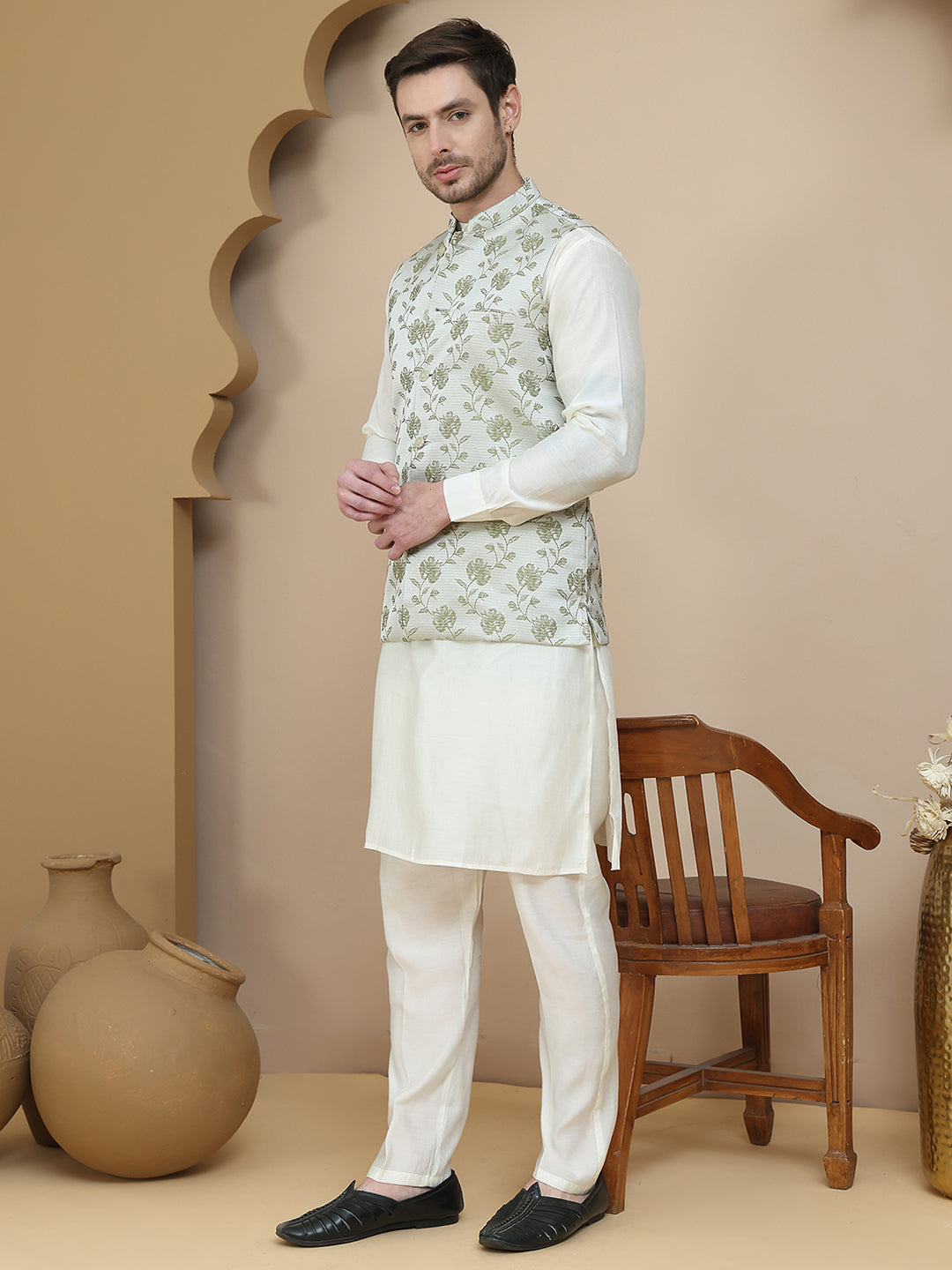 Embossed Nehru Jacket with Solid Kurta Set for Men ( JOKPWC 592W 4133 Pista )