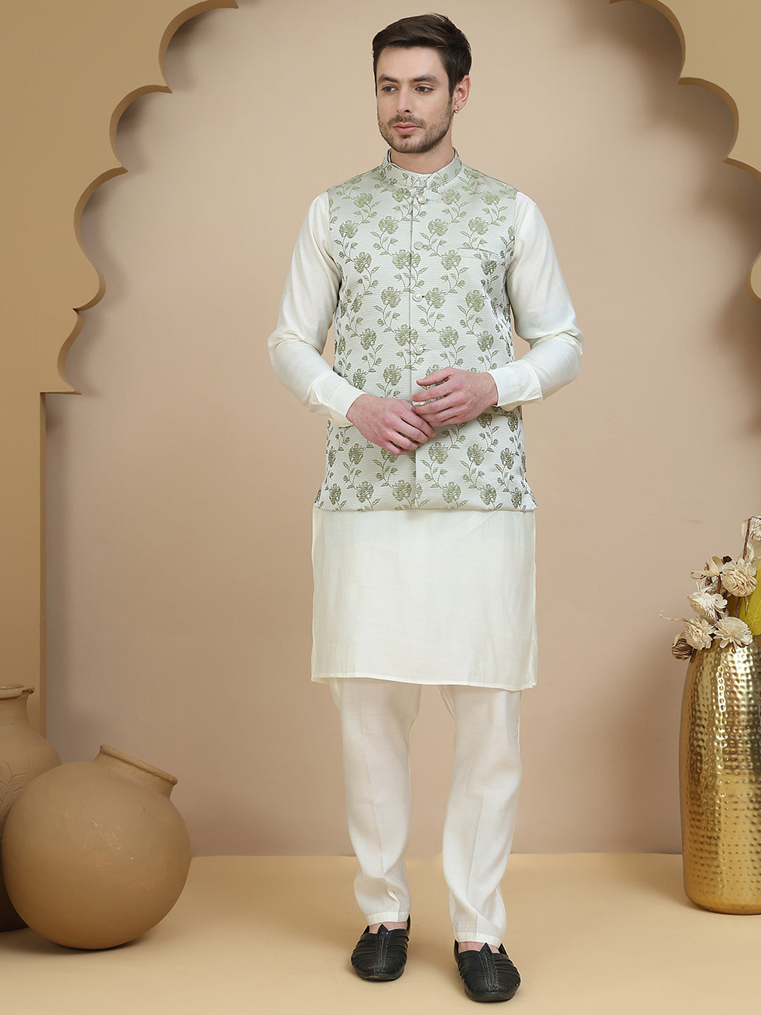 Embossed Nehru Jacket with Solid Kurta Set for Men ( JOKPWC 592W 4133 Pista )