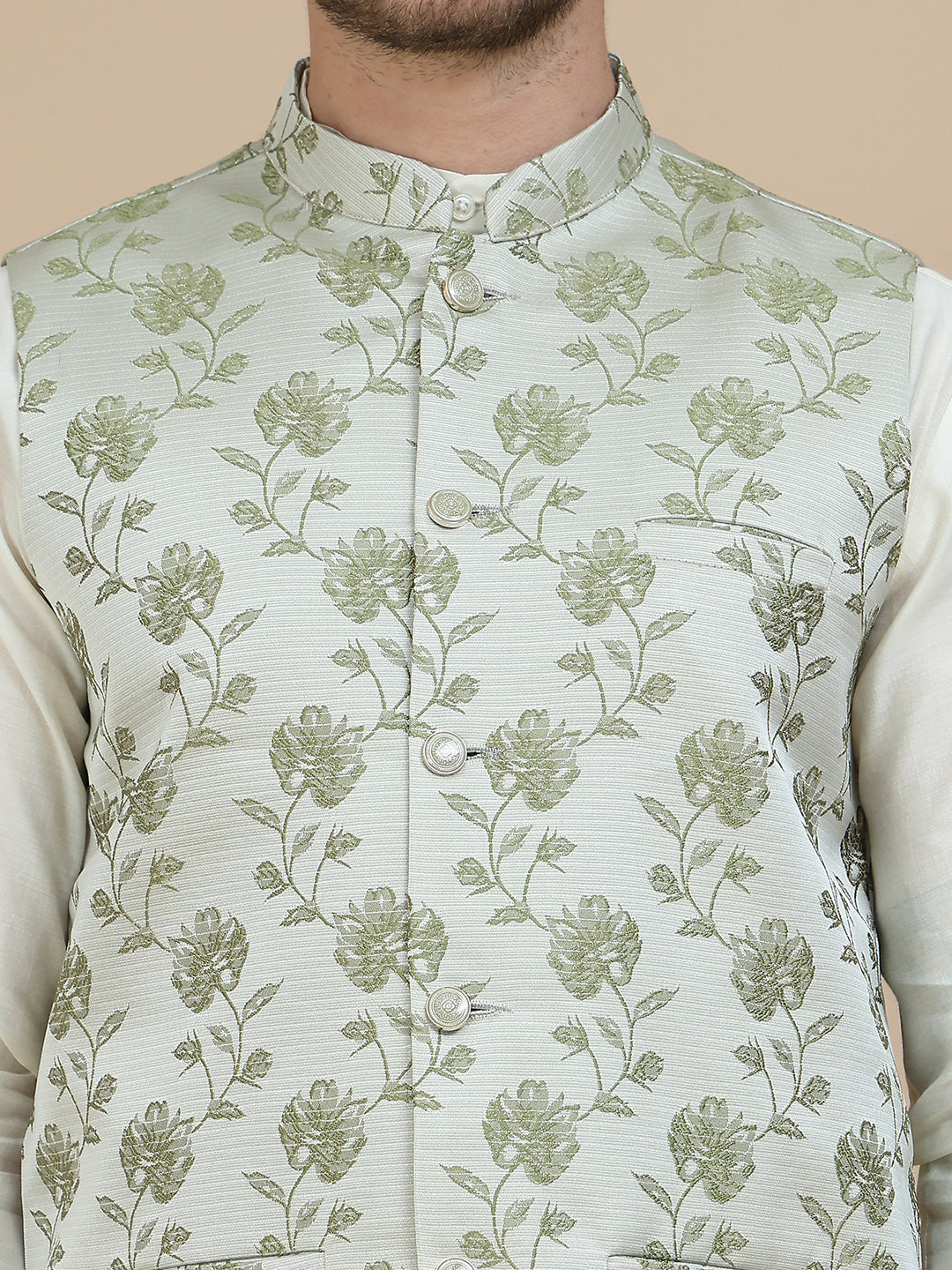 Embossed Nehru Jacket with Solid Kurta Set for Men ( JOKPWC 592W 4133 Pista )