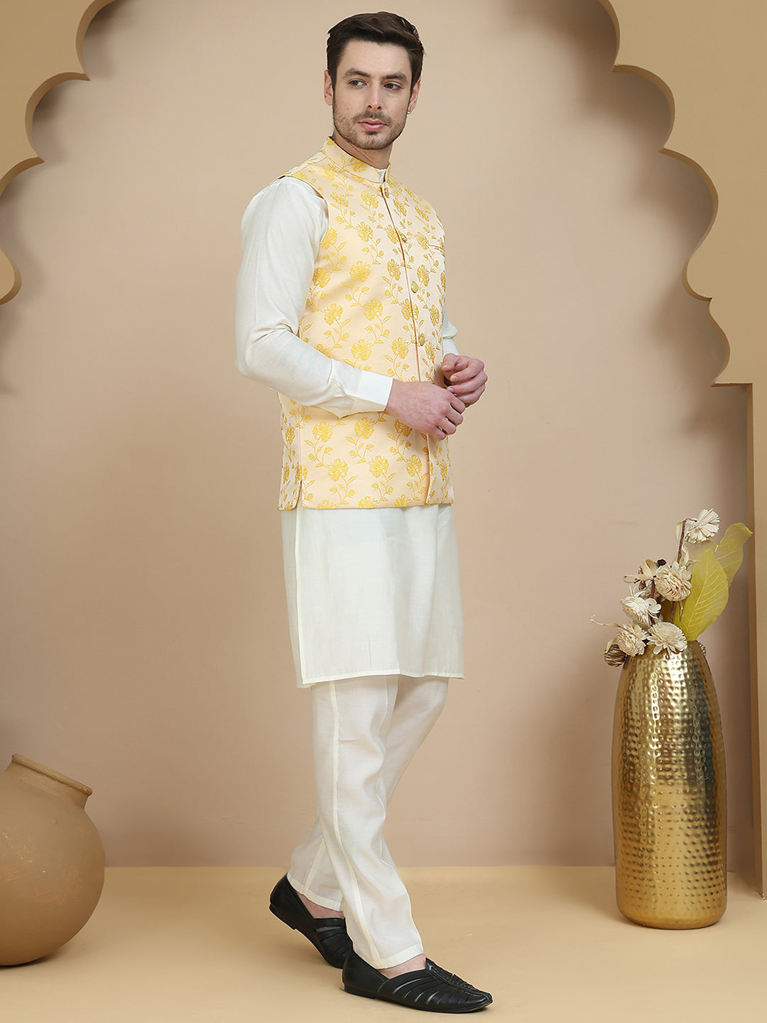 Embossed Nehru Jacket with Solid Kurta Set for Men ( JOKPWC 592W 4133 Yellow )