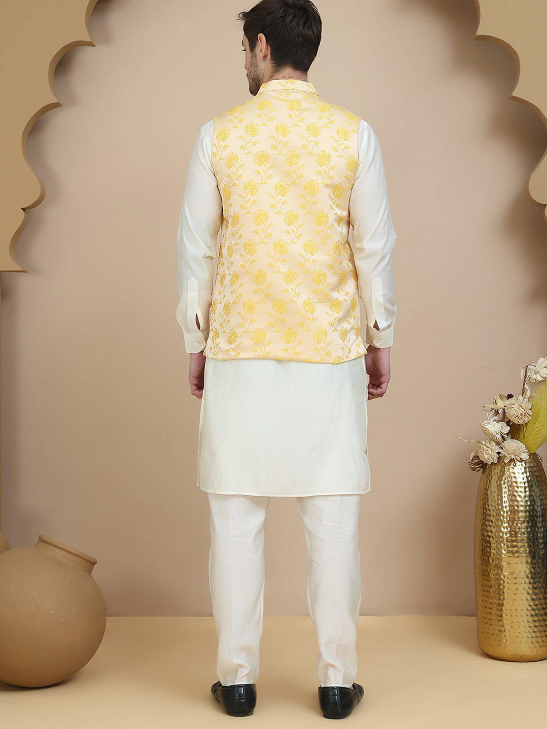 Embossed Nehru Jacket with Solid Kurta Set for Men ( JOKPWC 592W 4133 Yellow )