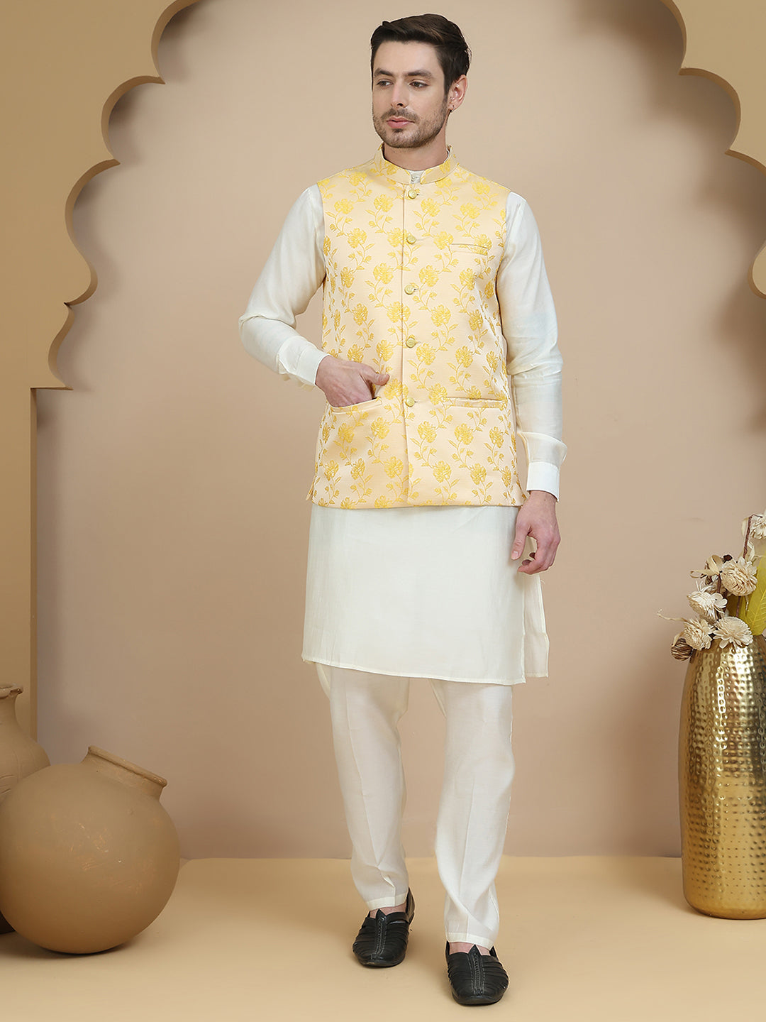 Embossed Nehru Jacket with Solid Kurta Set for Men ( JOKPWC 592W 4133 Yellow )