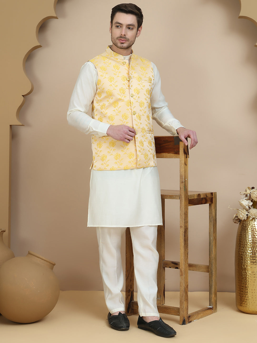 Embossed Nehru Jacket with Solid Kurta Set for Men ( JOKPWC 592W 4133 Yellow )