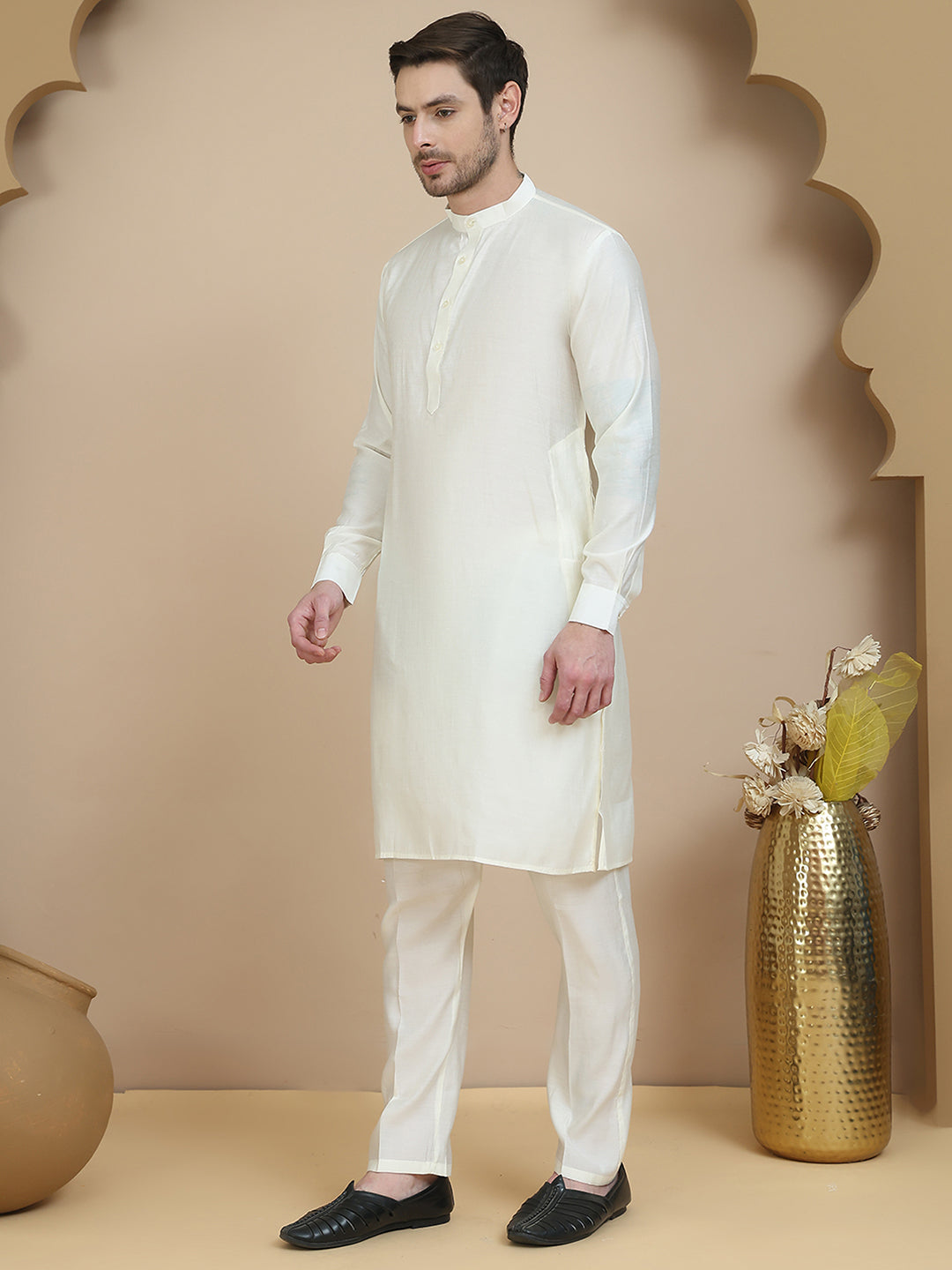 Embossed Nehru Jacket with Solid Kurta Set for Men ( JOKPWC 592W 4133 Yellow )