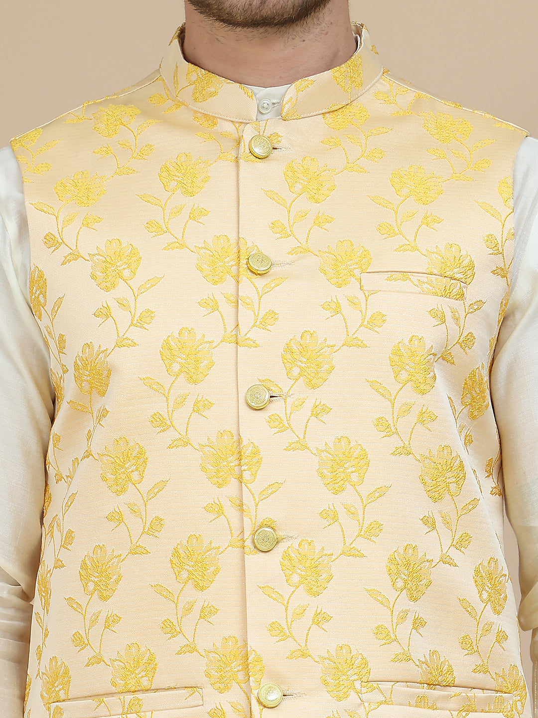 Embossed Nehru Jacket with Solid Kurta Set for Men ( JOKPWC 592W 4133 Yellow )
