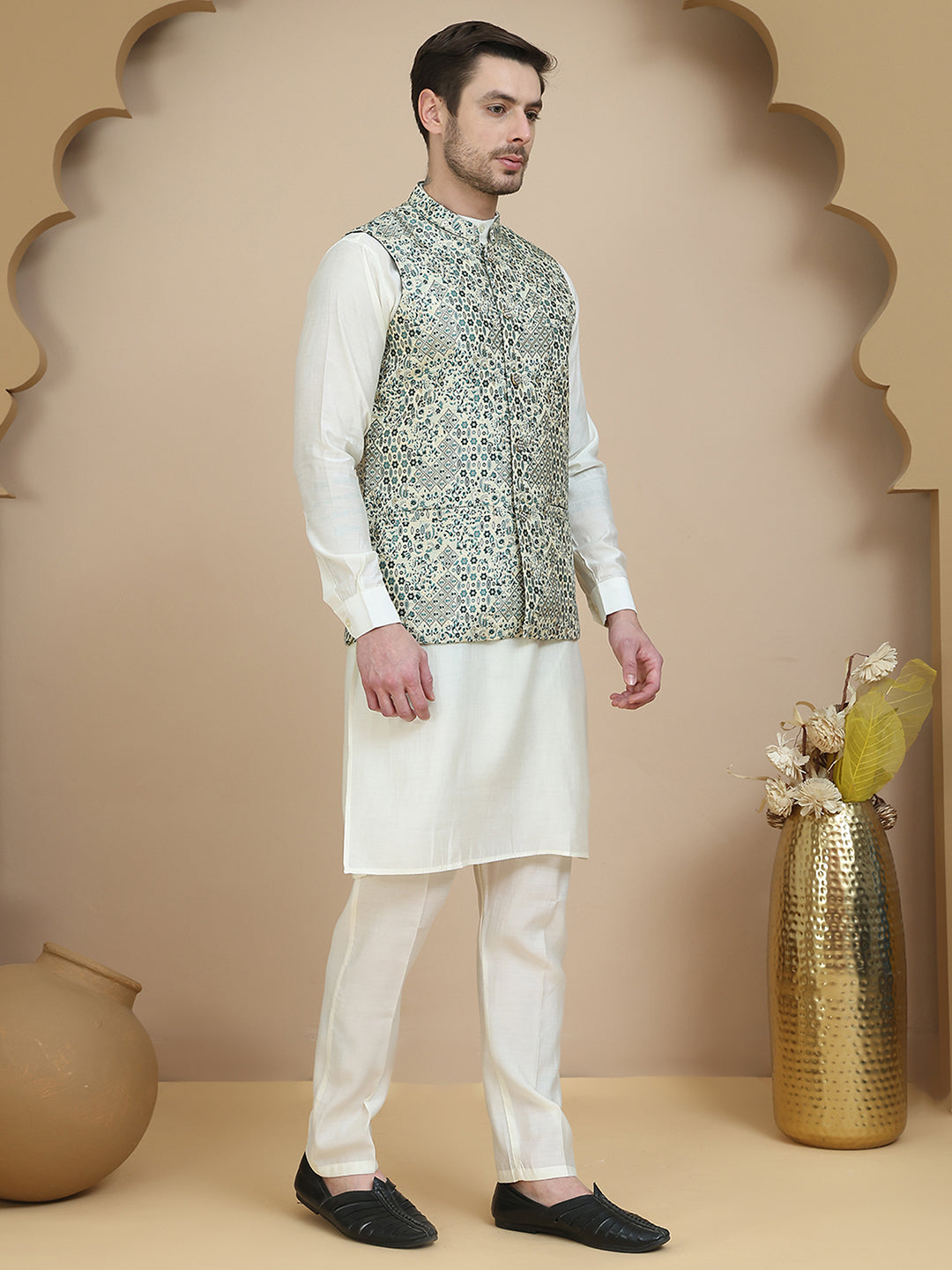 Embossed Nehru Jacket with Solid Kurta Set for Men ( JOKPWC 592W 4134 Blue )