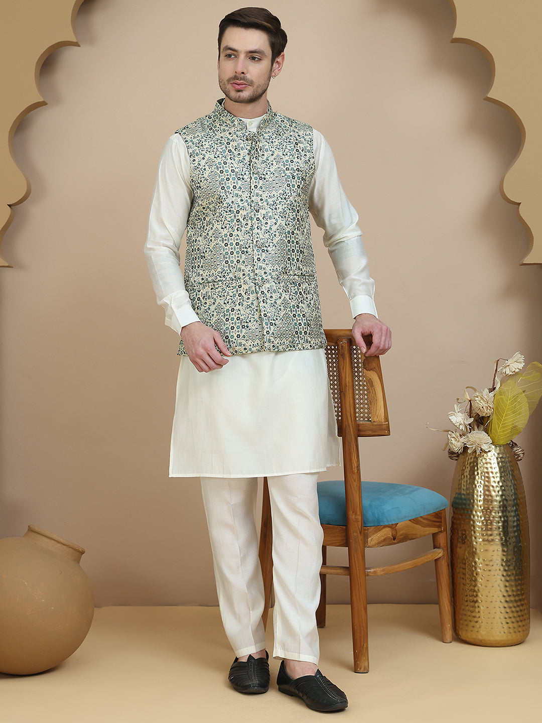 Embossed Nehru Jacket with Solid Kurta Set for Men ( JOKPWC 592W 4134 Blue )