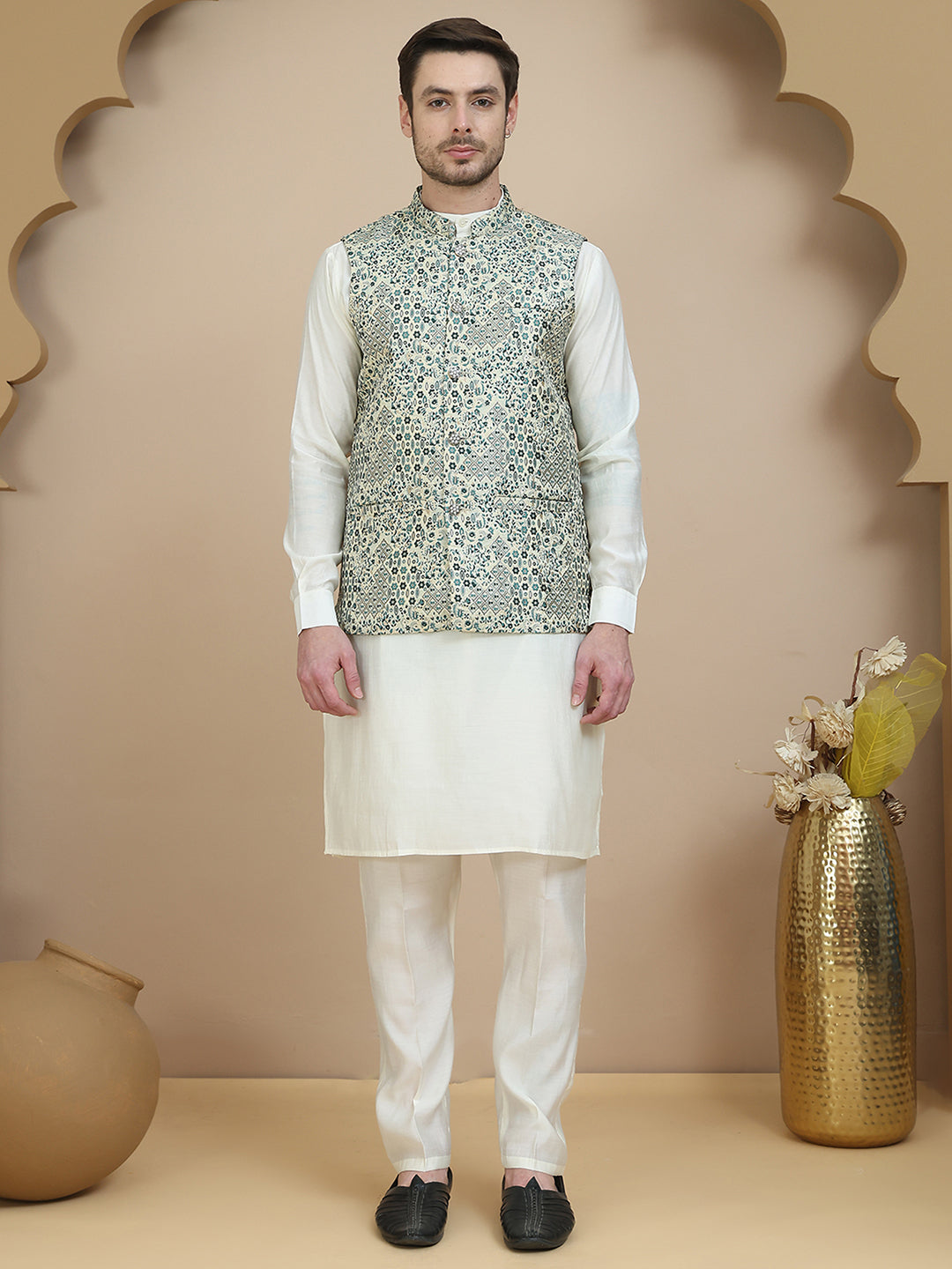 Embossed Nehru Jacket with Solid Kurta Set for Men ( JOKPWC 592W 4134 Blue )