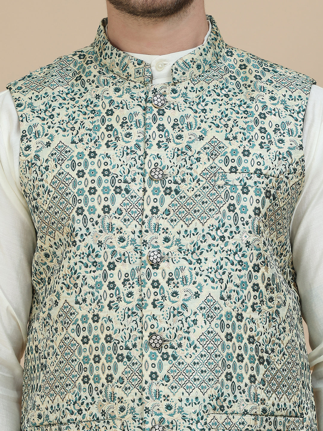 Embossed Nehru Jacket with Solid Kurta Set for Men ( JOKPWC 592W 4134 Blue )