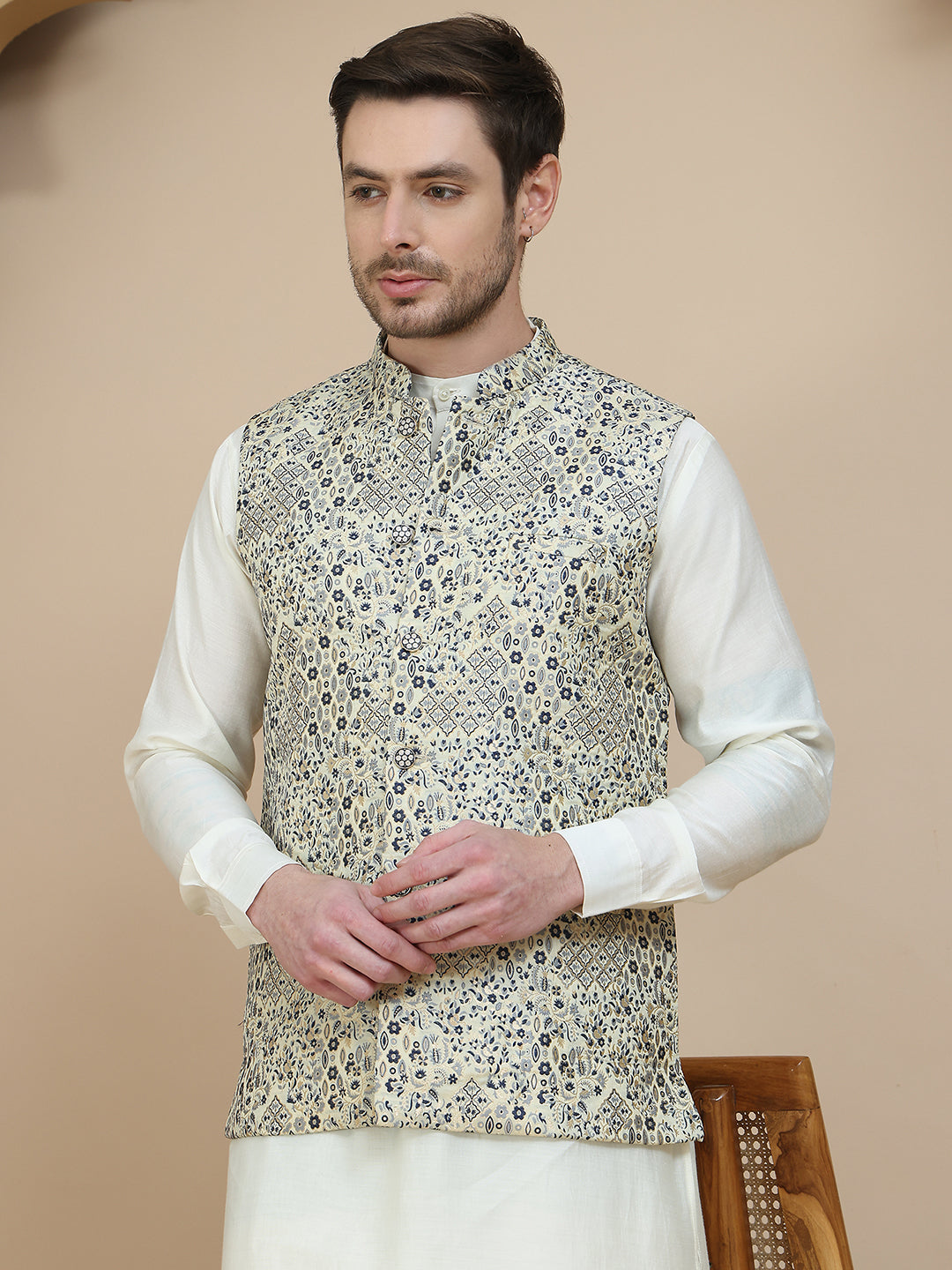 Embossed Nehru Jacket with Solid Kurta Set for Men ( JOKPWC 592W 4134 Navy )