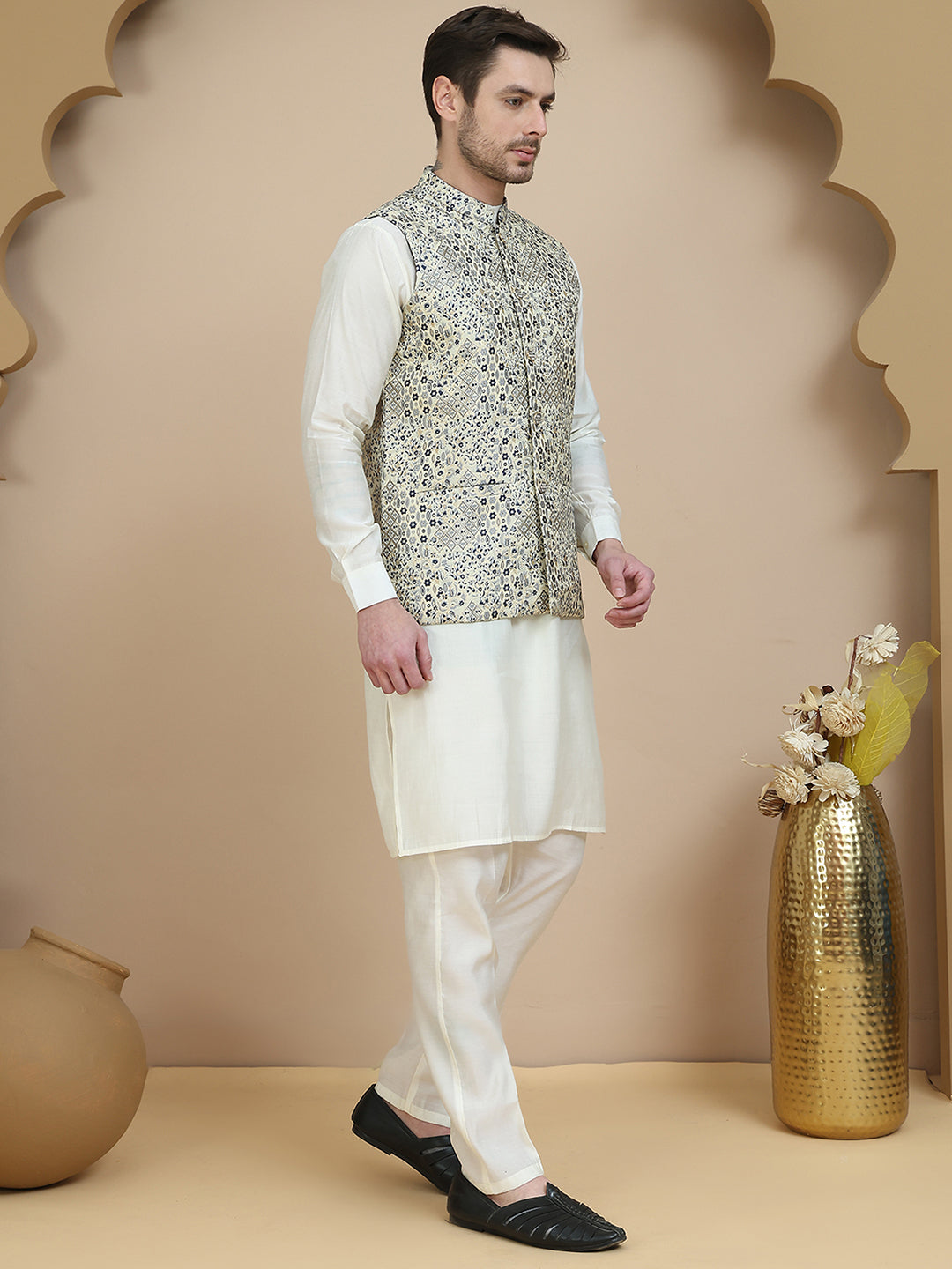 Embossed Nehru Jacket with Solid Kurta Set for Men ( JOKPWC 592W 4134 Navy )
