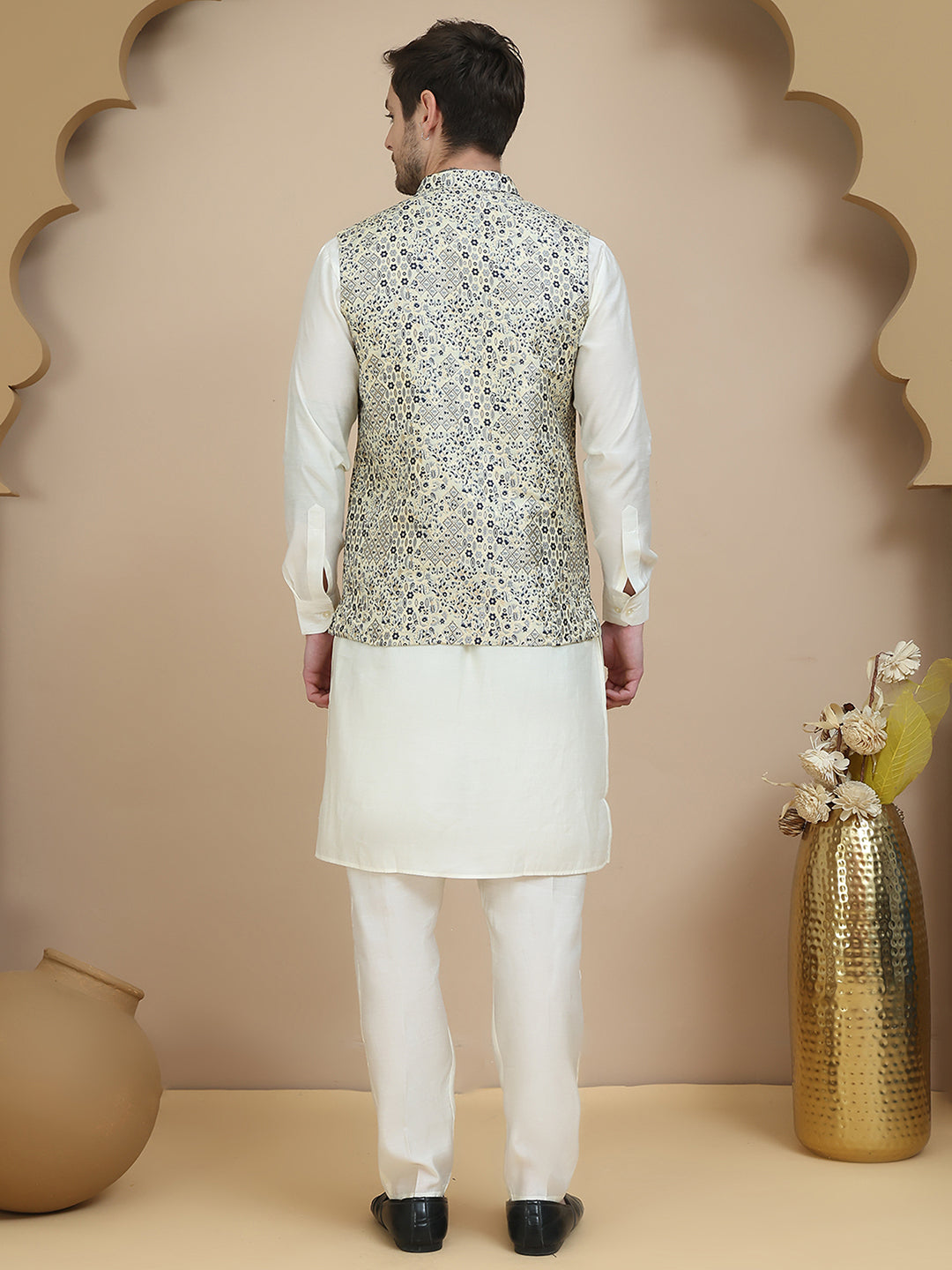 Embossed Nehru Jacket with Solid Kurta Set for Men ( JOKPWC 592W 4134 Navy )
