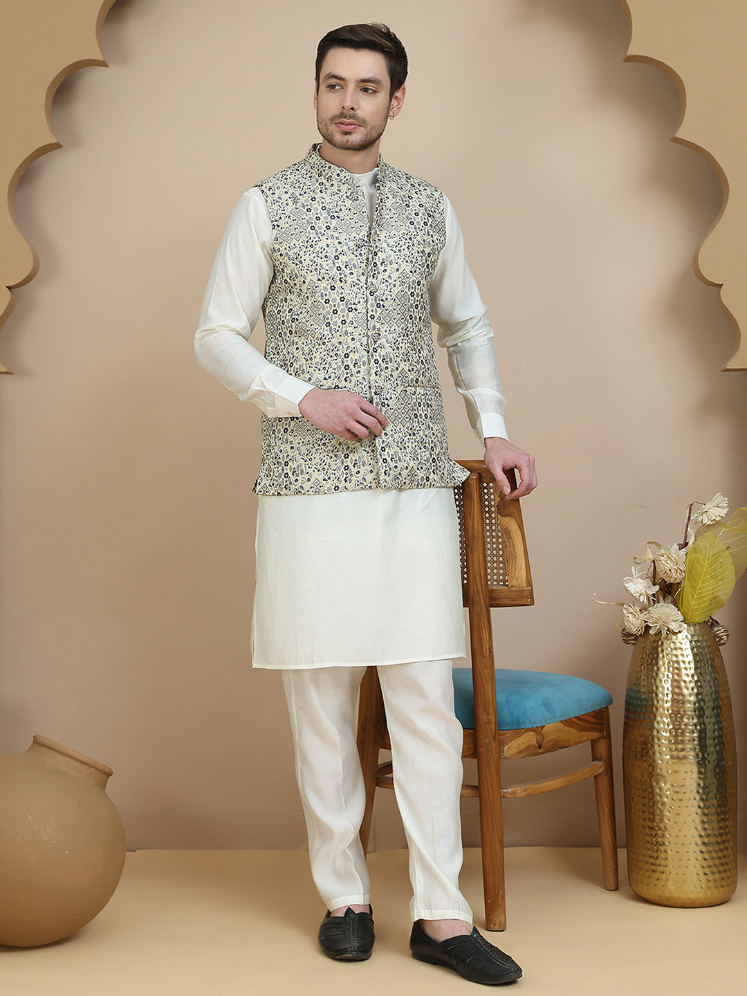 Embossed Nehru Jacket with Solid Kurta Set for Men ( JOKPWC 592W 4134 Navy )