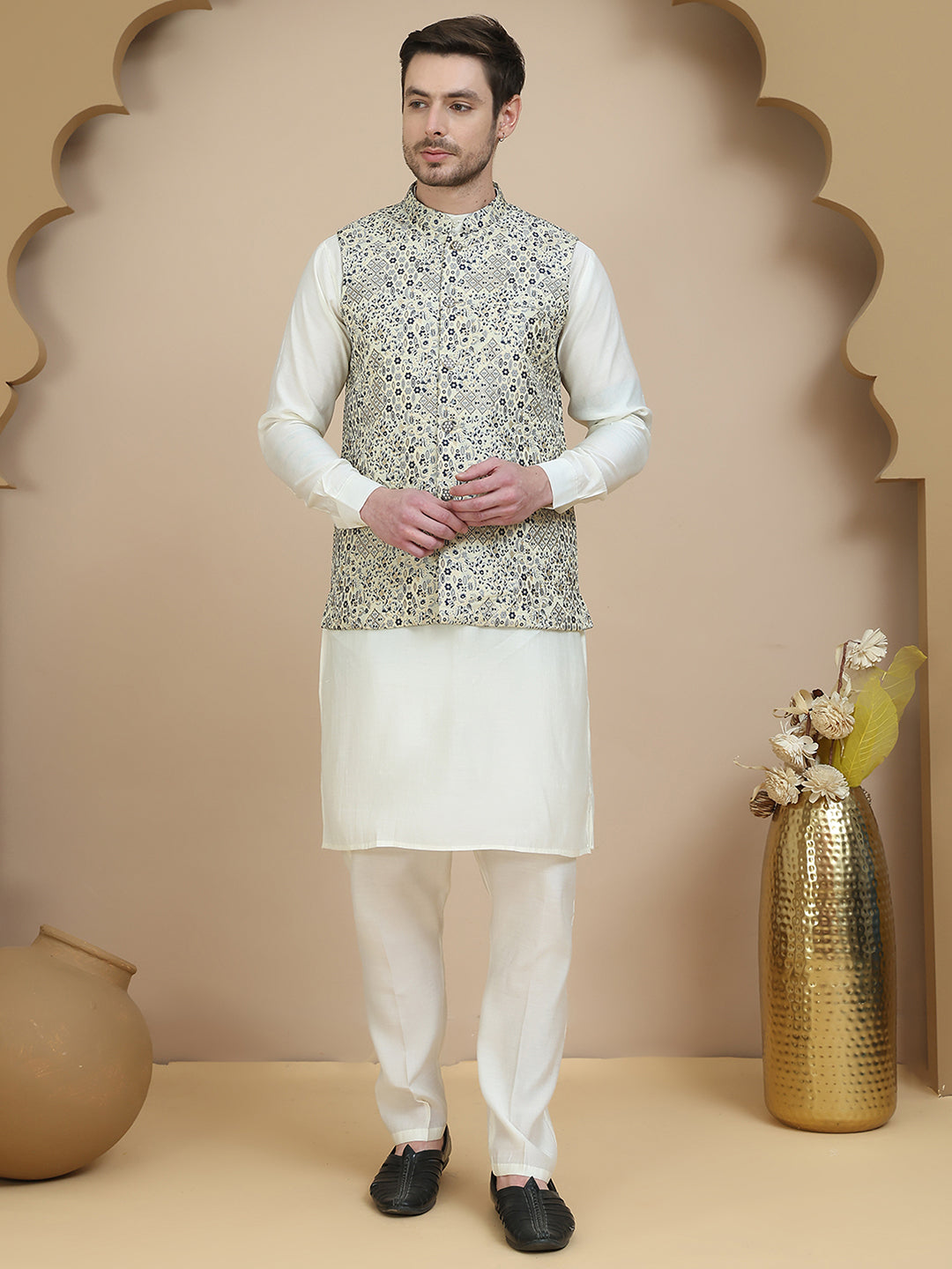 Embossed Nehru Jacket with Solid Kurta Set for Men ( JOKPWC 592W 4134 Navy )