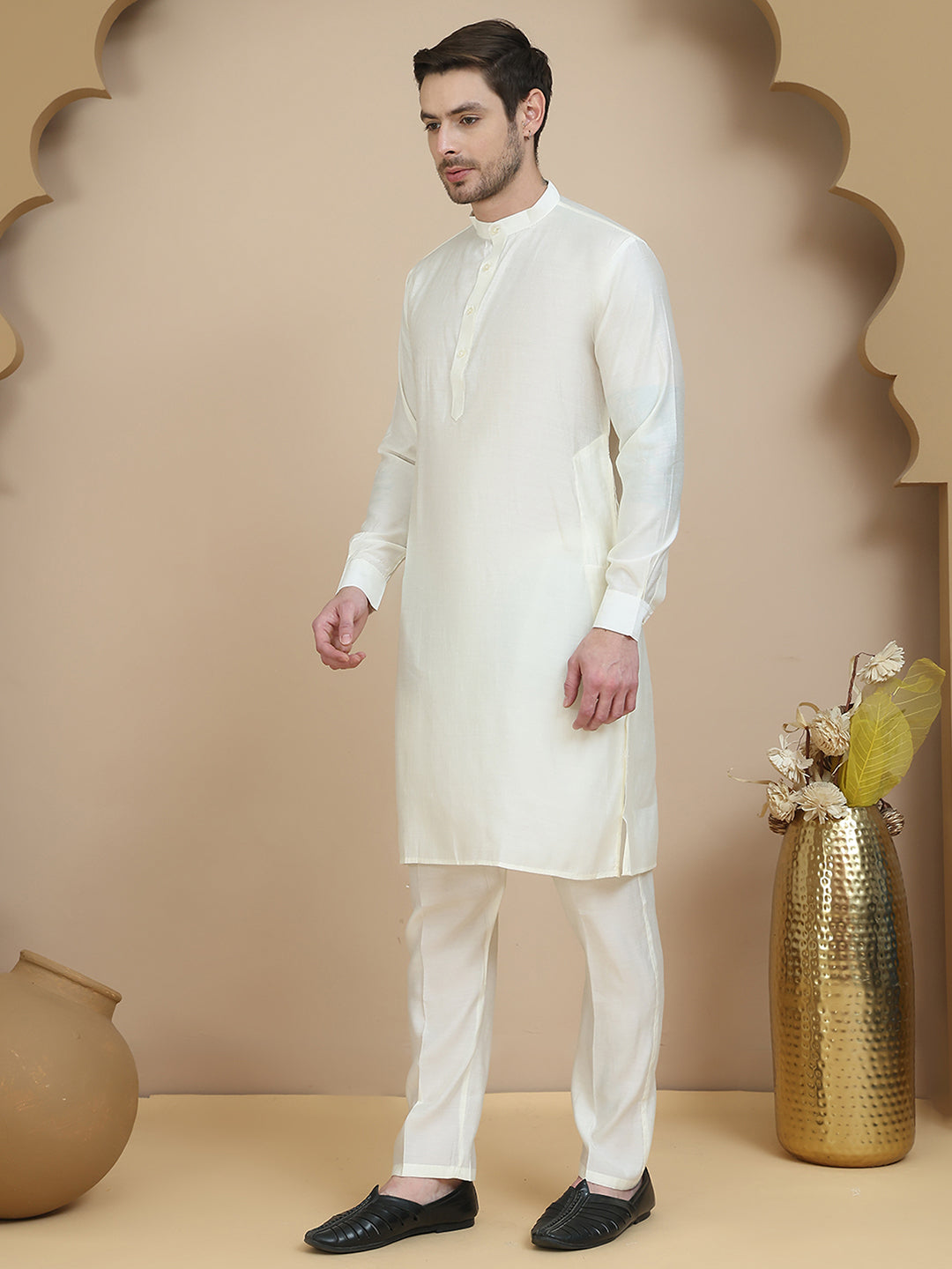 Embossed Nehru Jacket with Solid Kurta Set for Men ( JOKPWC 592W 4134 Navy )