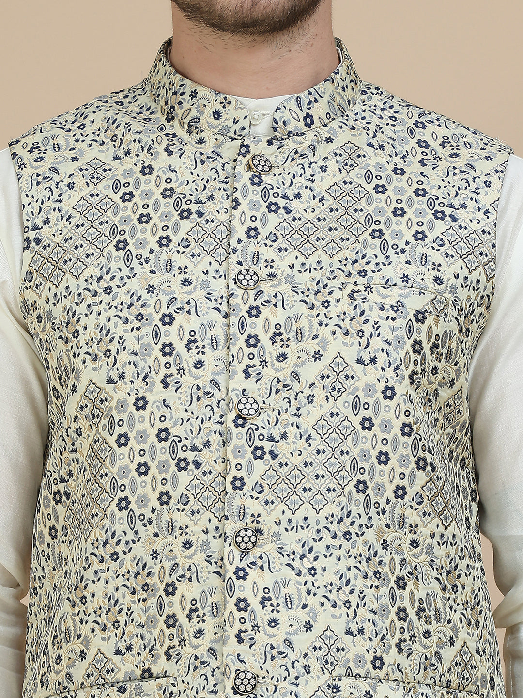 Embossed Nehru Jacket with Solid Kurta Set for Men ( JOKPWC 592W 4134 Navy )