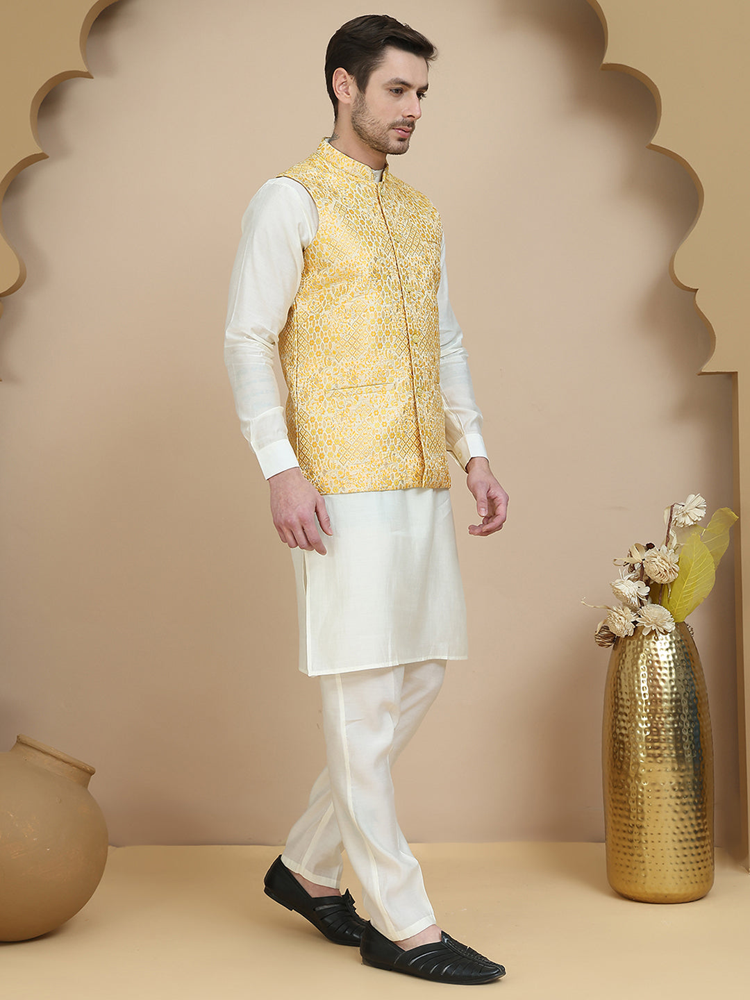 Embossed Nehru Jacket with Solid Kurta Set for Men ( JOKPWC 592W 4134 Yellow )