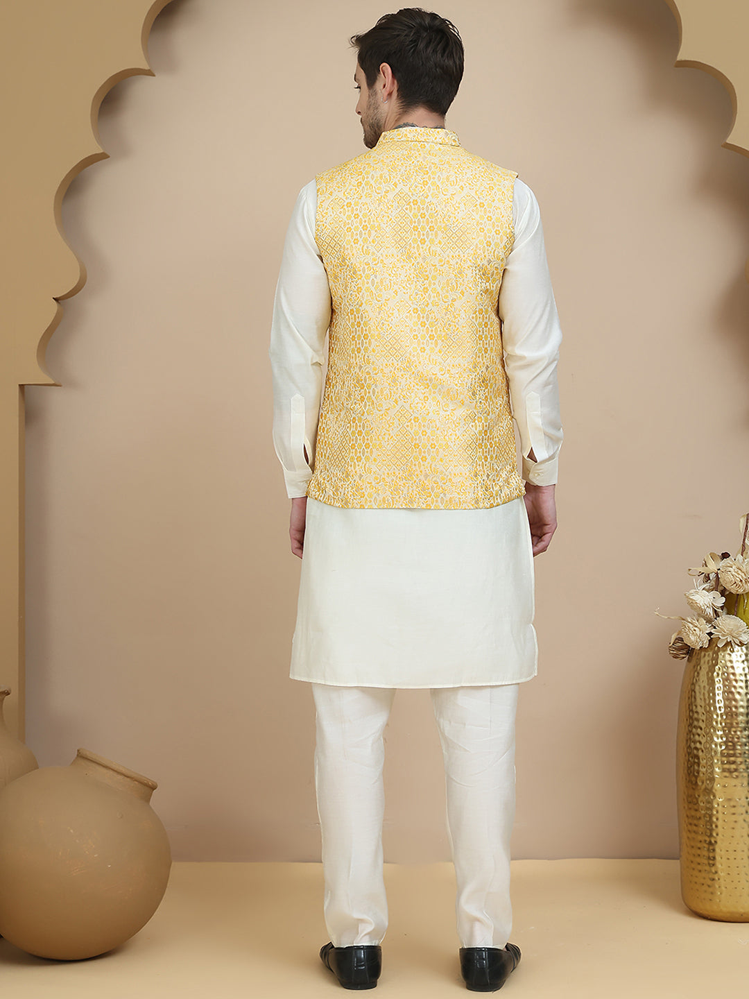 Embossed Nehru Jacket with Solid Kurta Set for Men ( JOKPWC 592W 4134 Yellow )