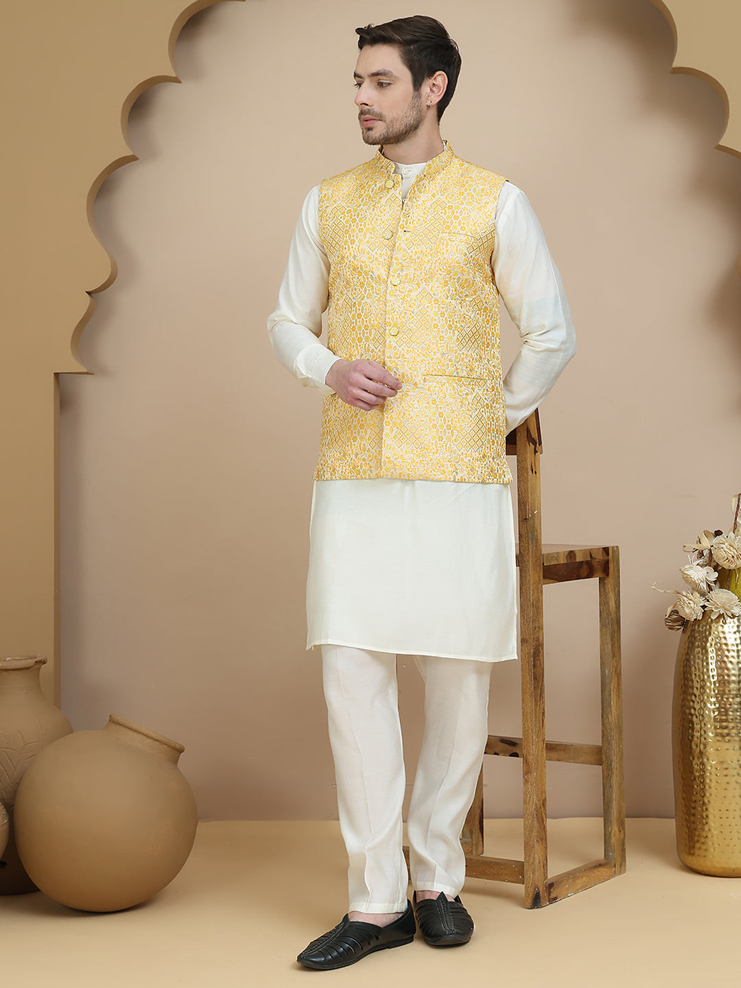 Embossed Nehru Jacket with Solid Kurta Set for Men ( JOKPWC 592W 4134 Yellow )
