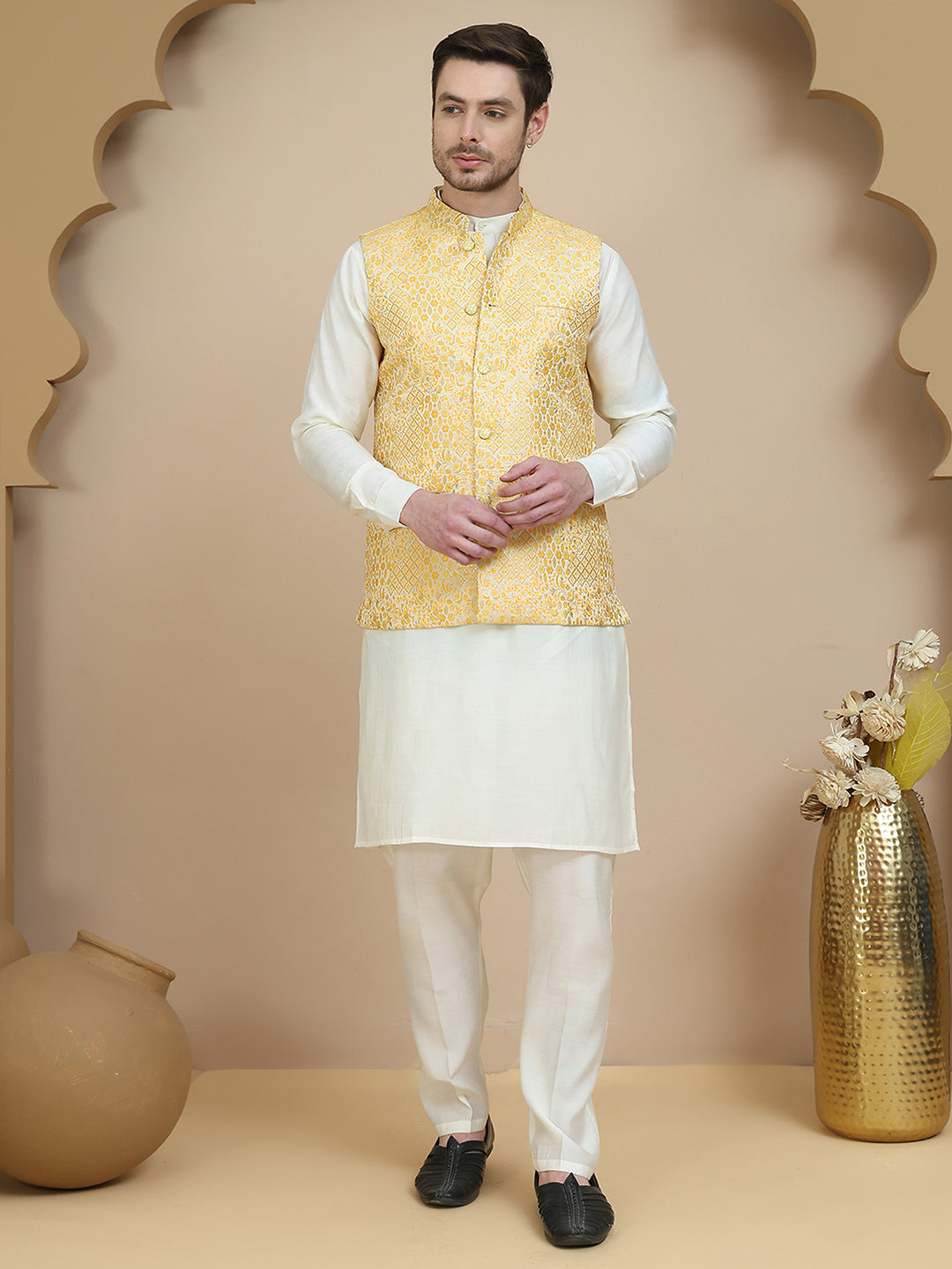 Embossed Nehru Jacket with Solid Kurta Set for Men ( JOKPWC 592W 4134 Yellow )