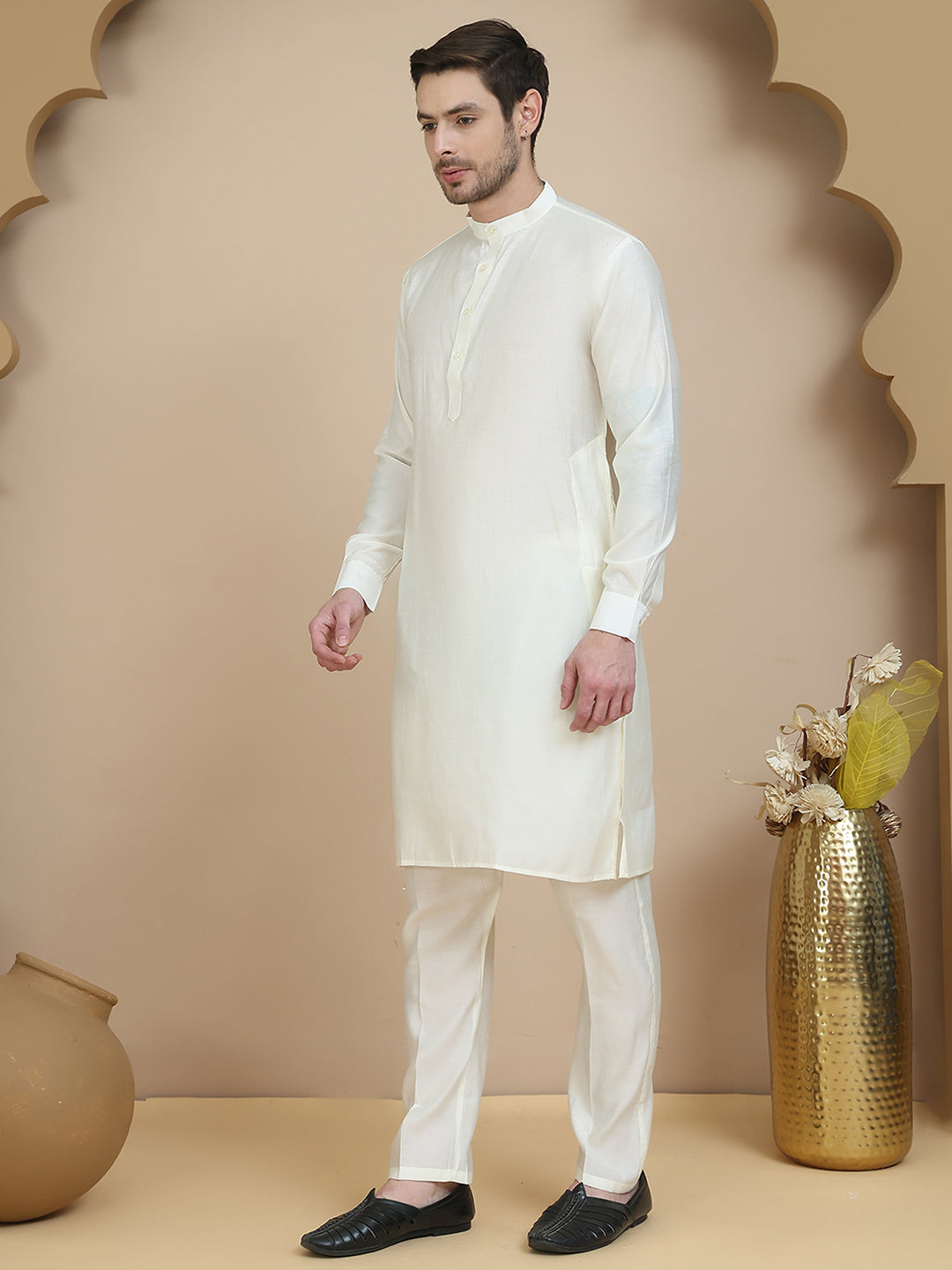 Embossed Nehru Jacket with Solid Kurta Set for Men ( JOKPWC 592W 4134 Yellow )